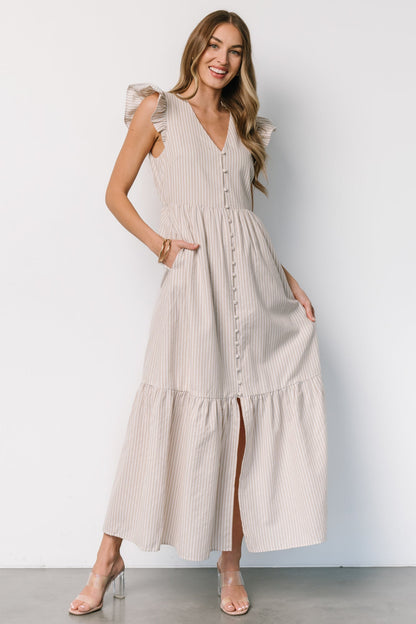 Hettie Button Maxi Dress | Beige Stripe - Baltic Born