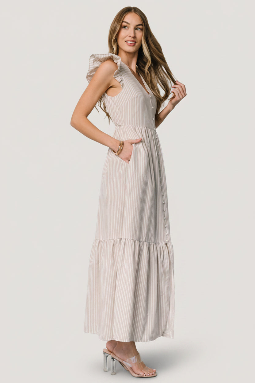 Hettie Button Maxi Dress — Beige Stripe
