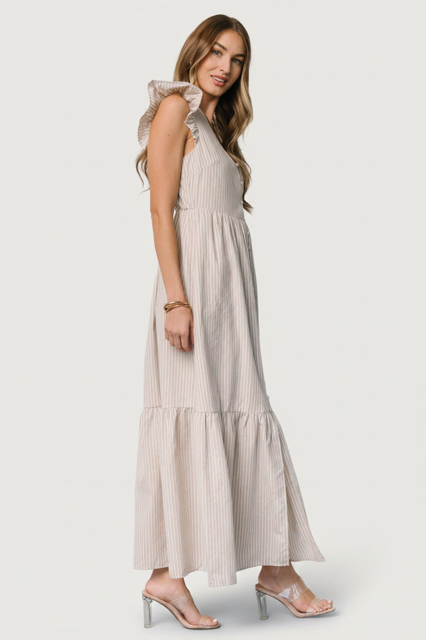 beige stripe dress Gracey Striped One Shoulder Maxi Dress Beige/White