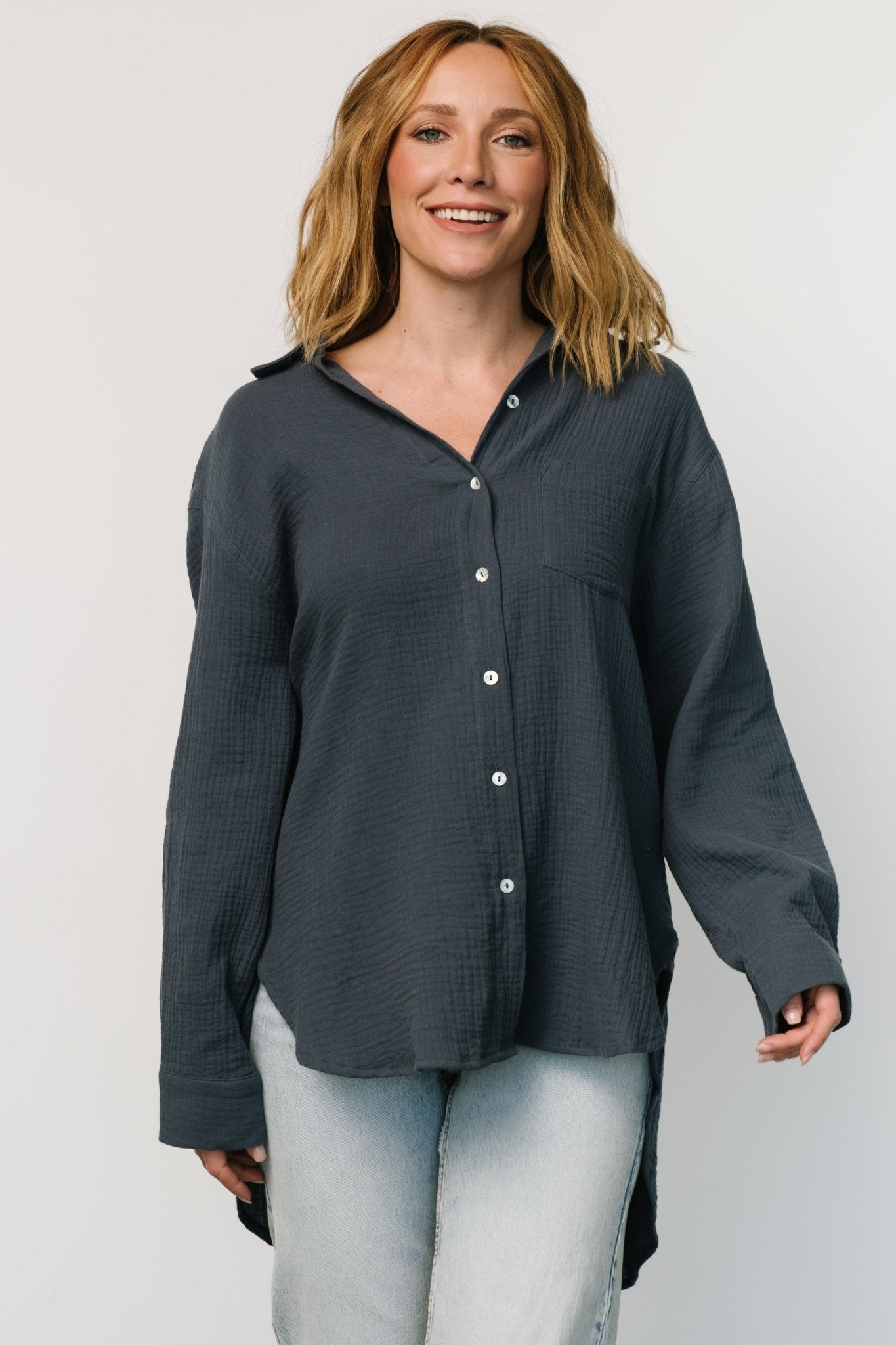 Hilde Oversized Button Top | Blue - Baltic Born