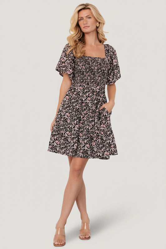 Idera Short Dress | Black Floral