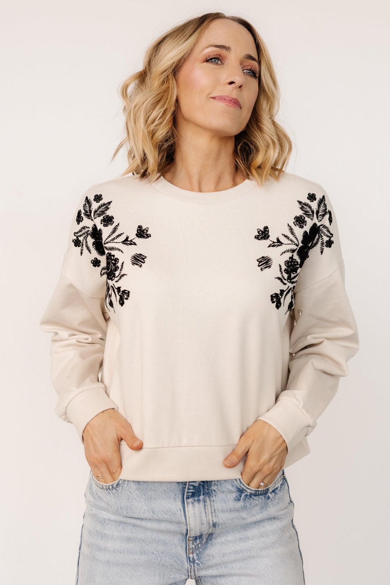 Ilaria Embroidered Sweater | Natural + Black Floral - Baltic Born