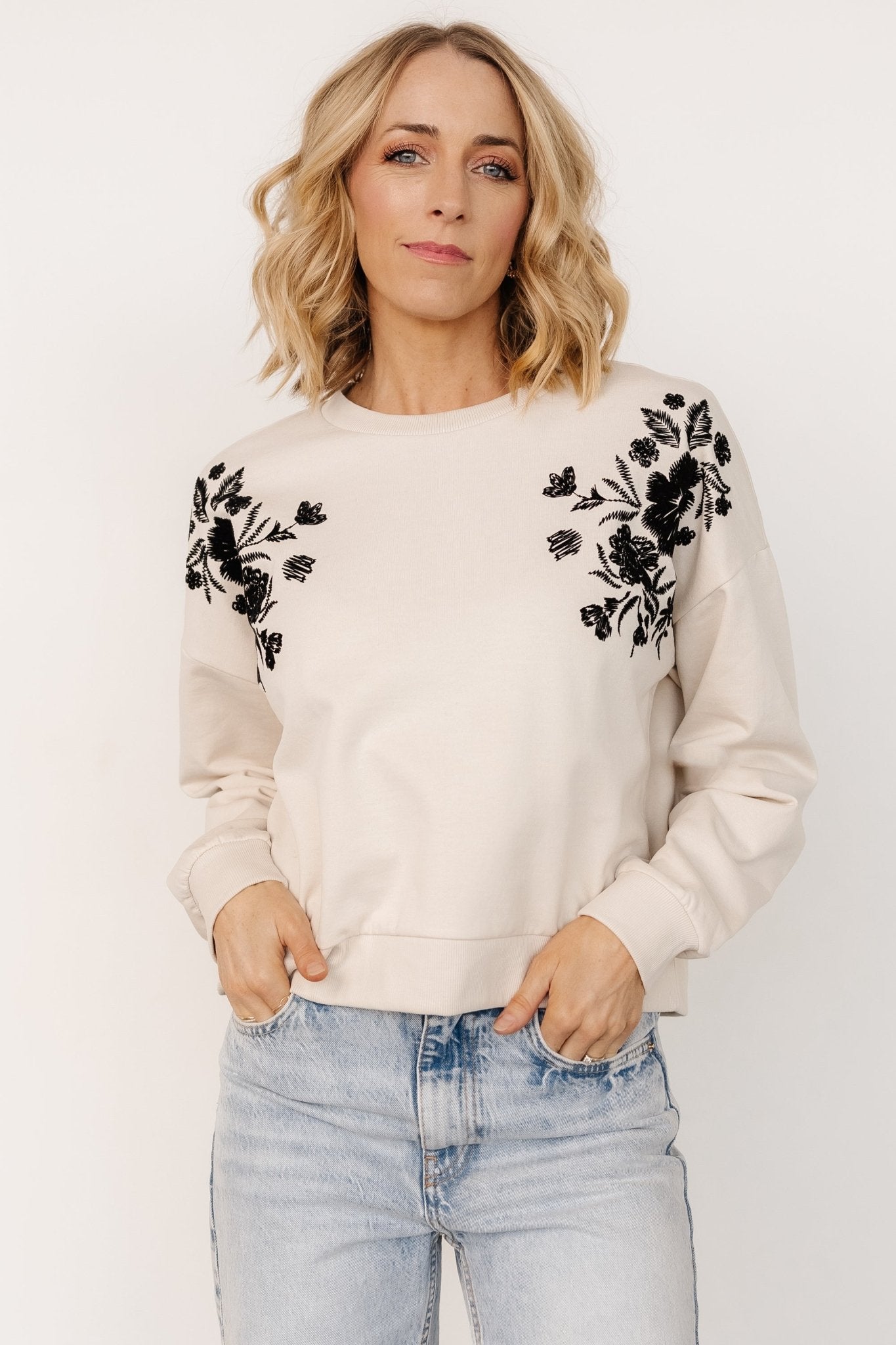 Ilaria Embroidered Sweater | Natural + Black Floral - Baltic Born