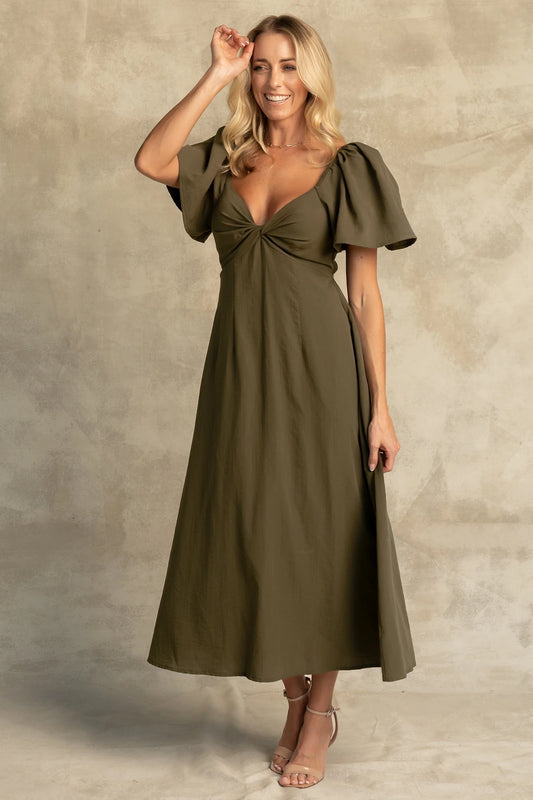 Indie Back Tie Dress in Olive with sweetheart neckline, butterfly sleeves, open tie-back, and side pockets.