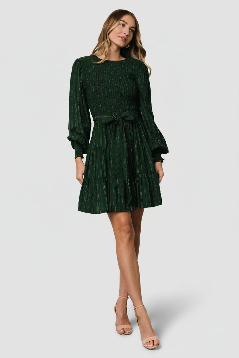 Baltic Born Womens Ivey Smocked Short Dress | Dark Green + Silver | Size: Small Baltic Born Womens Ivey Smocked Short Dress | Dark Green + Silver | Size: Small