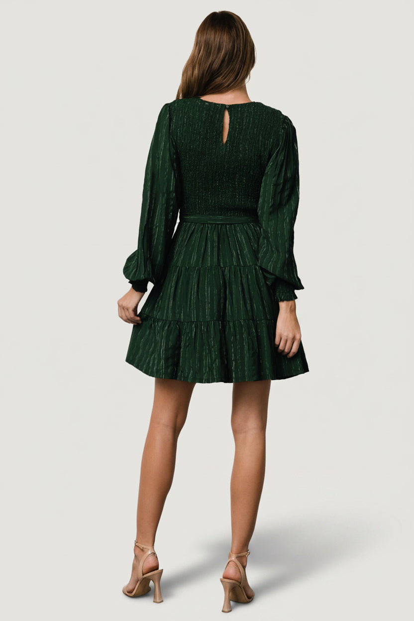 Ivey Smocked Short Dress, Dark Green & Silver