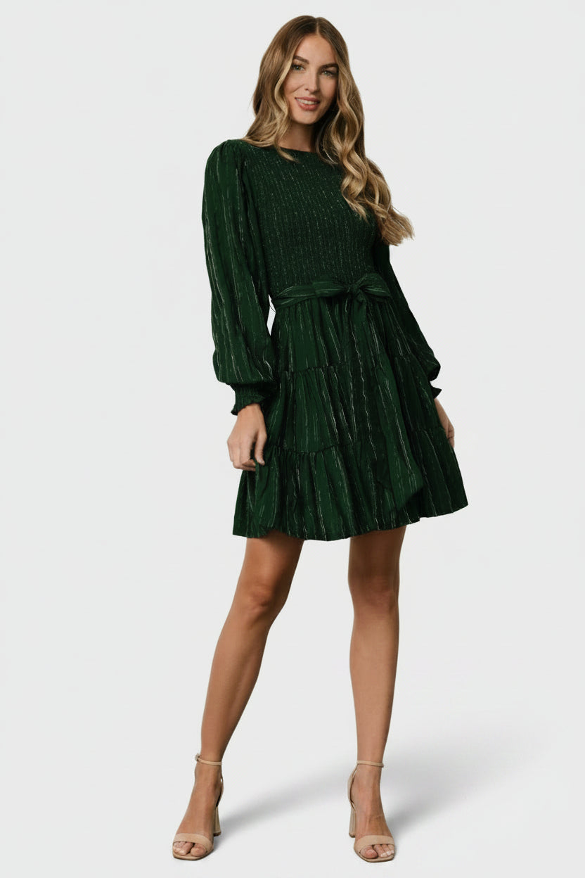 Baltic Born Womens Ivey Smocked Short Dress | Dark Green + Silver | Size: Small Baltic Born Womens Ivey Smocked Short Dress | Dark Green + Silver | Size: Small
