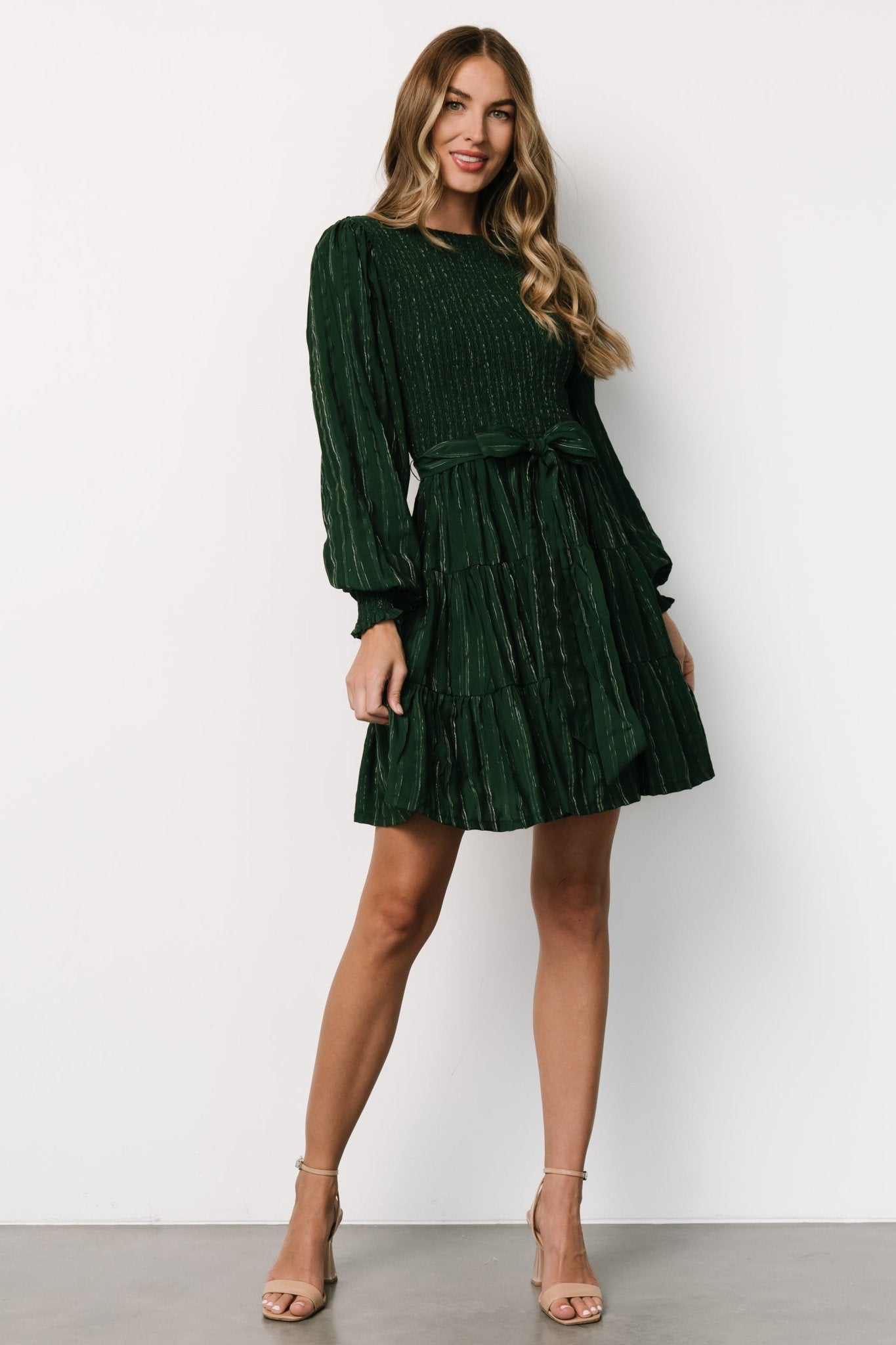 Ivey Smocked Short Dress | Dark Green + Silver - Baltic Born