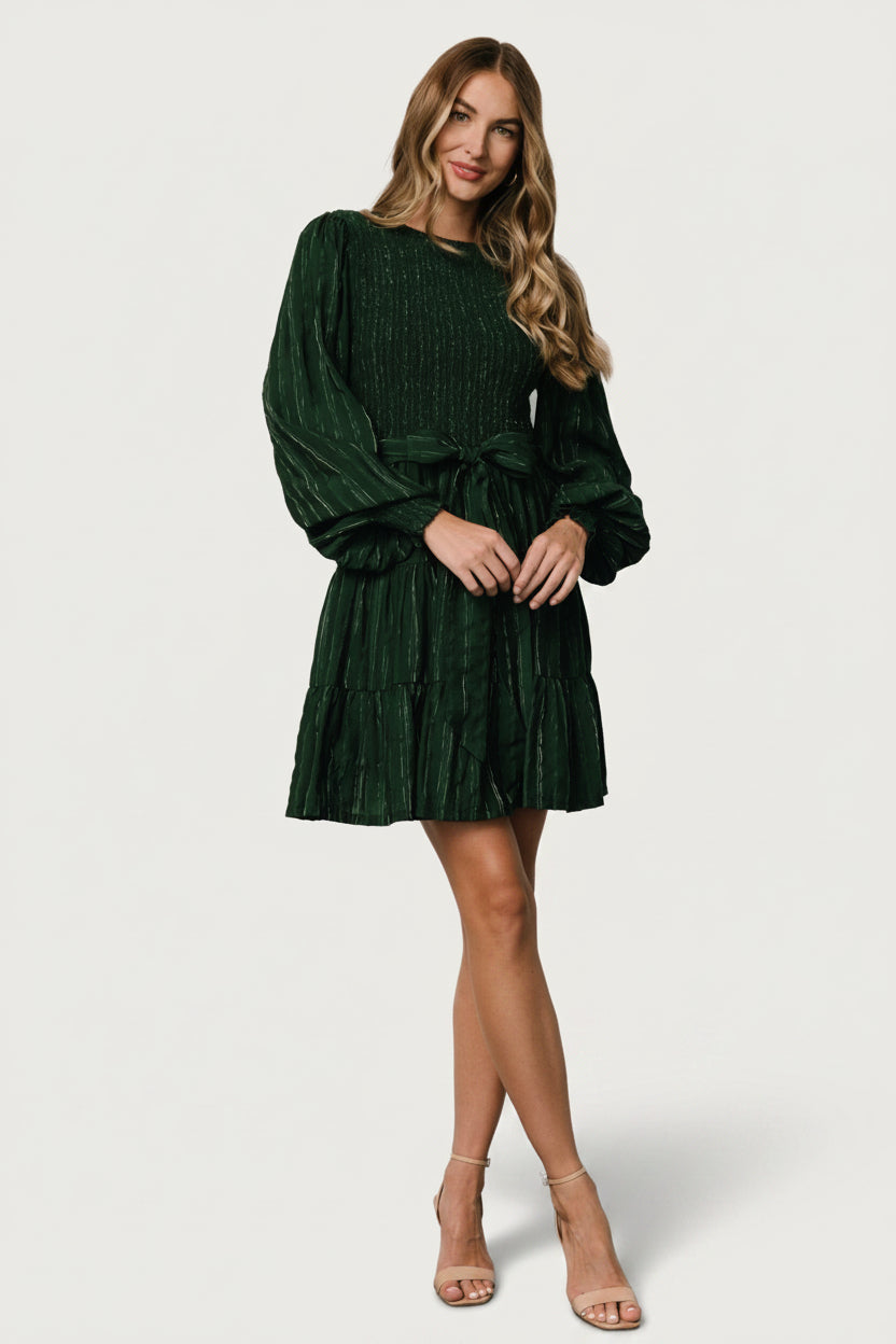 Baltic Born Womens Ivey Smocked Short Dress | Dark Green + Silver | Size: Small Baltic Born Womens Ivey Smocked Short Dress | Dark Green + Silver | Size: Small