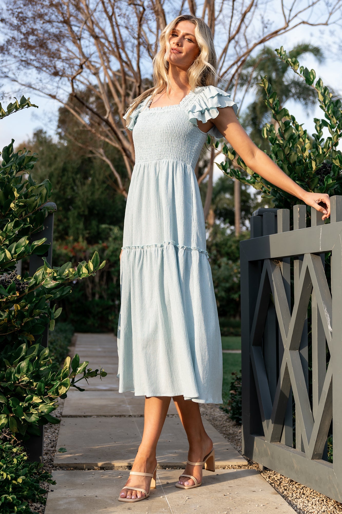 Baltic Born Womens Jacie Smocked Midi Dress | Light Blue