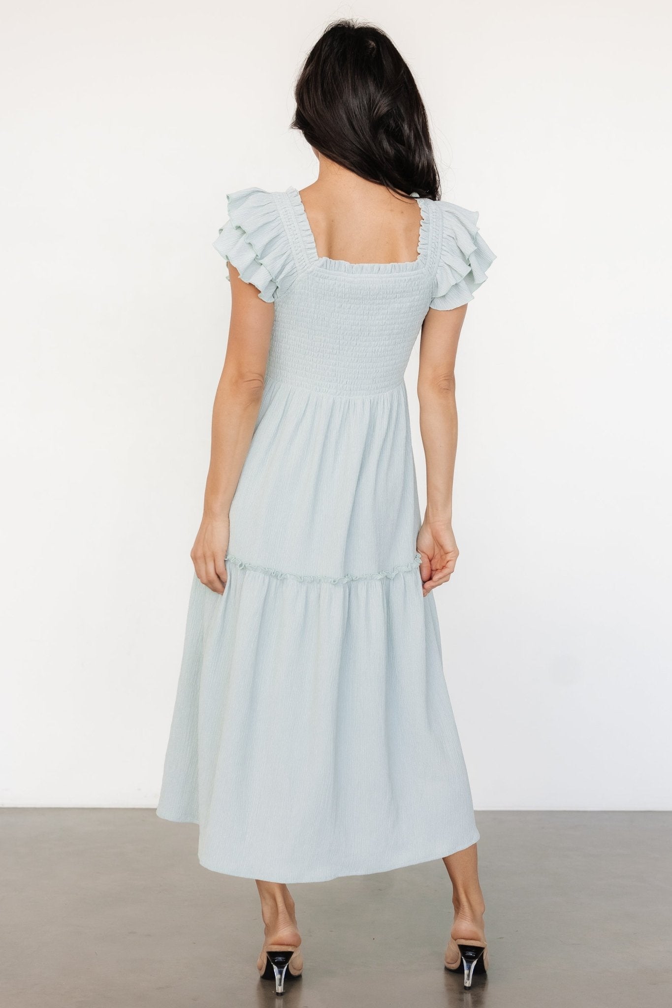 powder blue midi dress Short Sleeve Cotton Blend Scoop Neck, Just A Moment Scoop Neck in Dusty Blue, Size M, For Office and endlessly romantic Women's Simply Put Together Sky