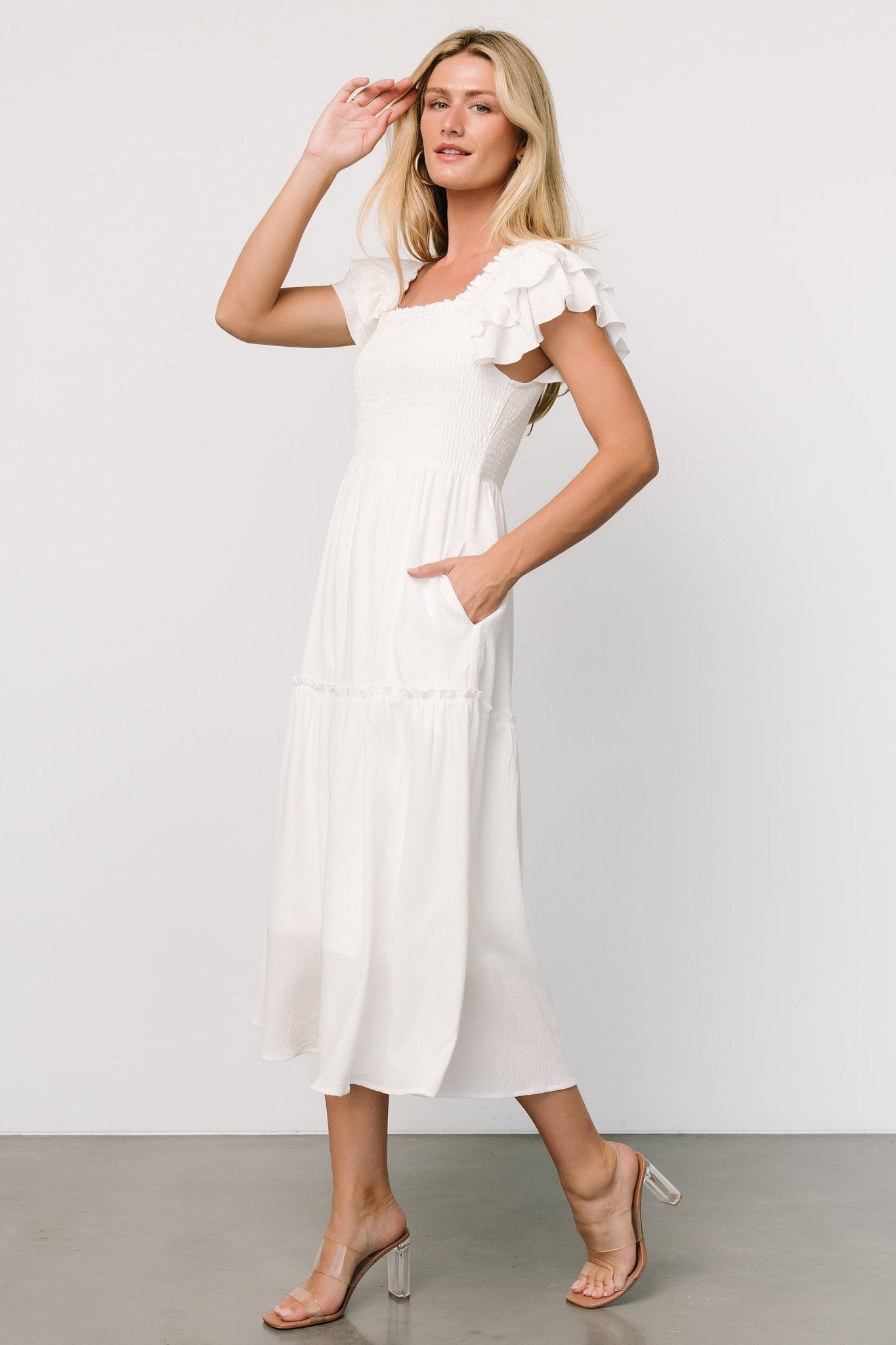 Jacie Smocked Midi Dress | White - Baltic Born