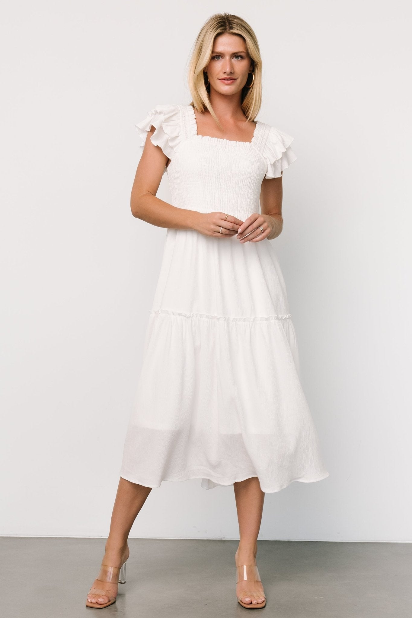 Jacie Smocked Midi Dress | White - Baltic Born