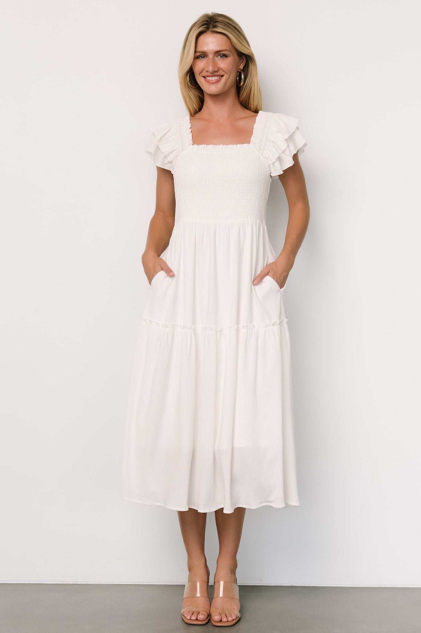 Jacie Smocked Midi Dress | White - Baltic Born