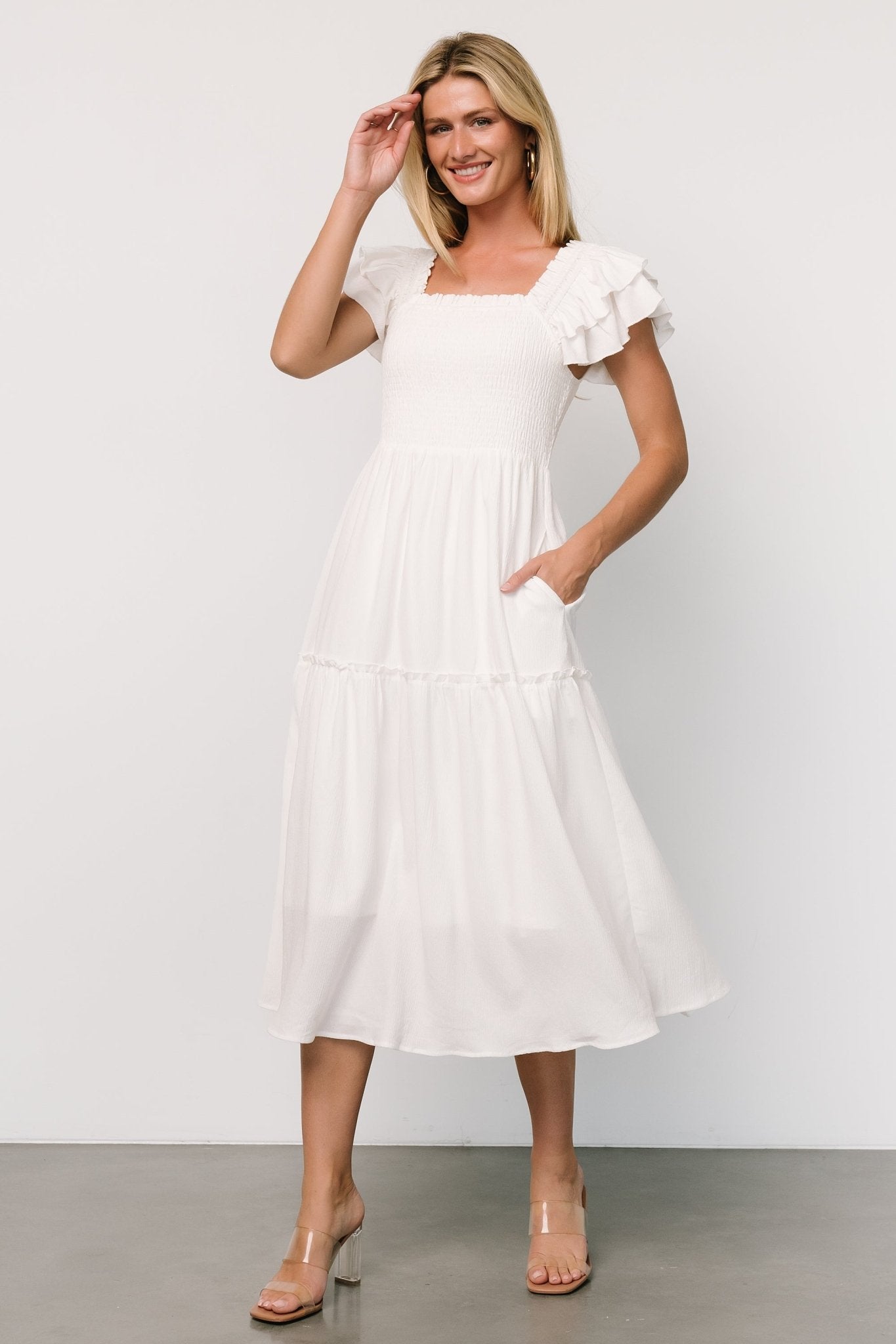 Jacie Smocked Midi Dress | White - Baltic Born