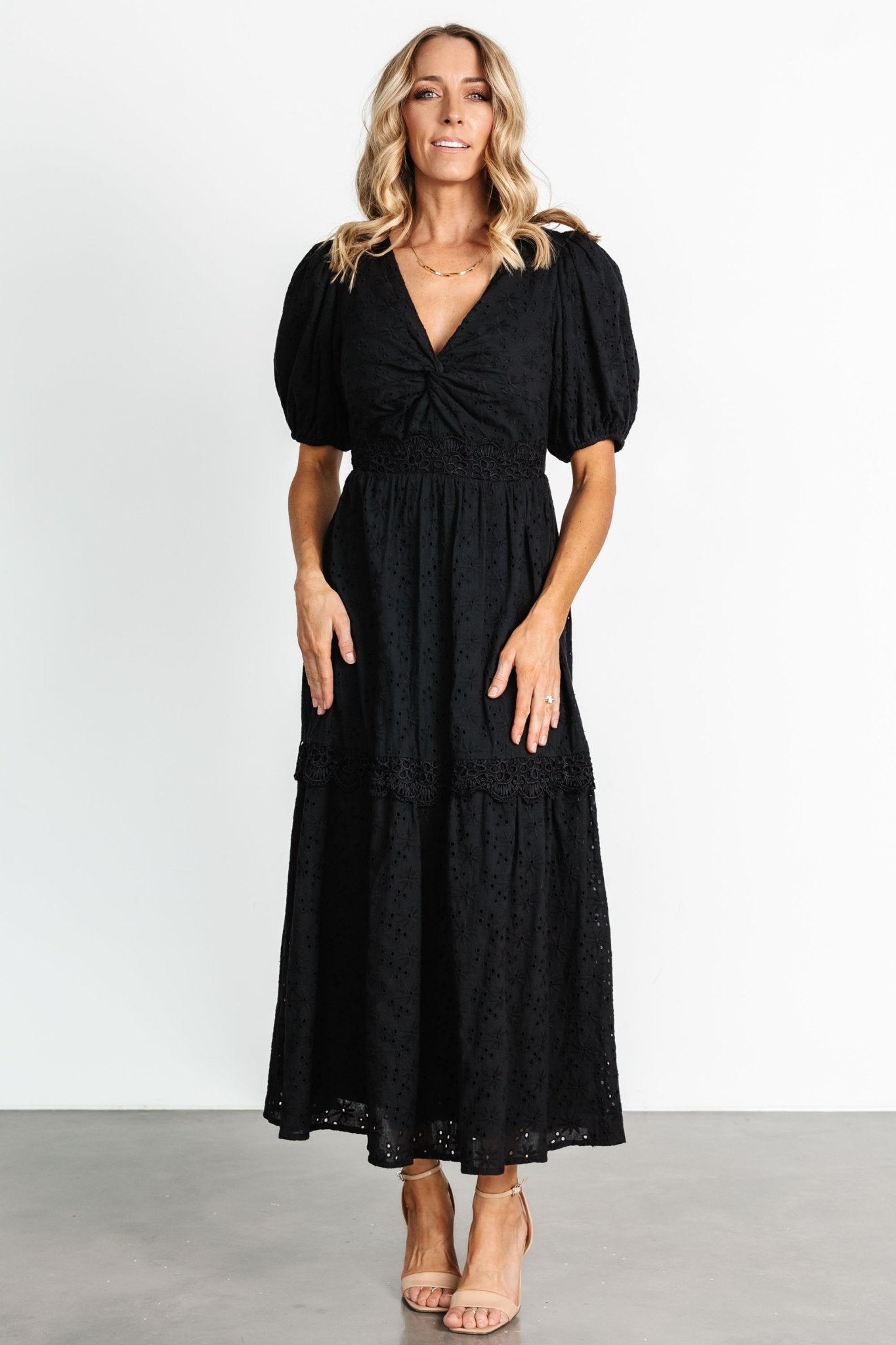 Jackie Eyelet Maxi Dress - Black V-Neck Maxi | Baltic Born S Jackie Eyelet Maxi Dress - Black V-Neck Maxi | Baltic Born S
