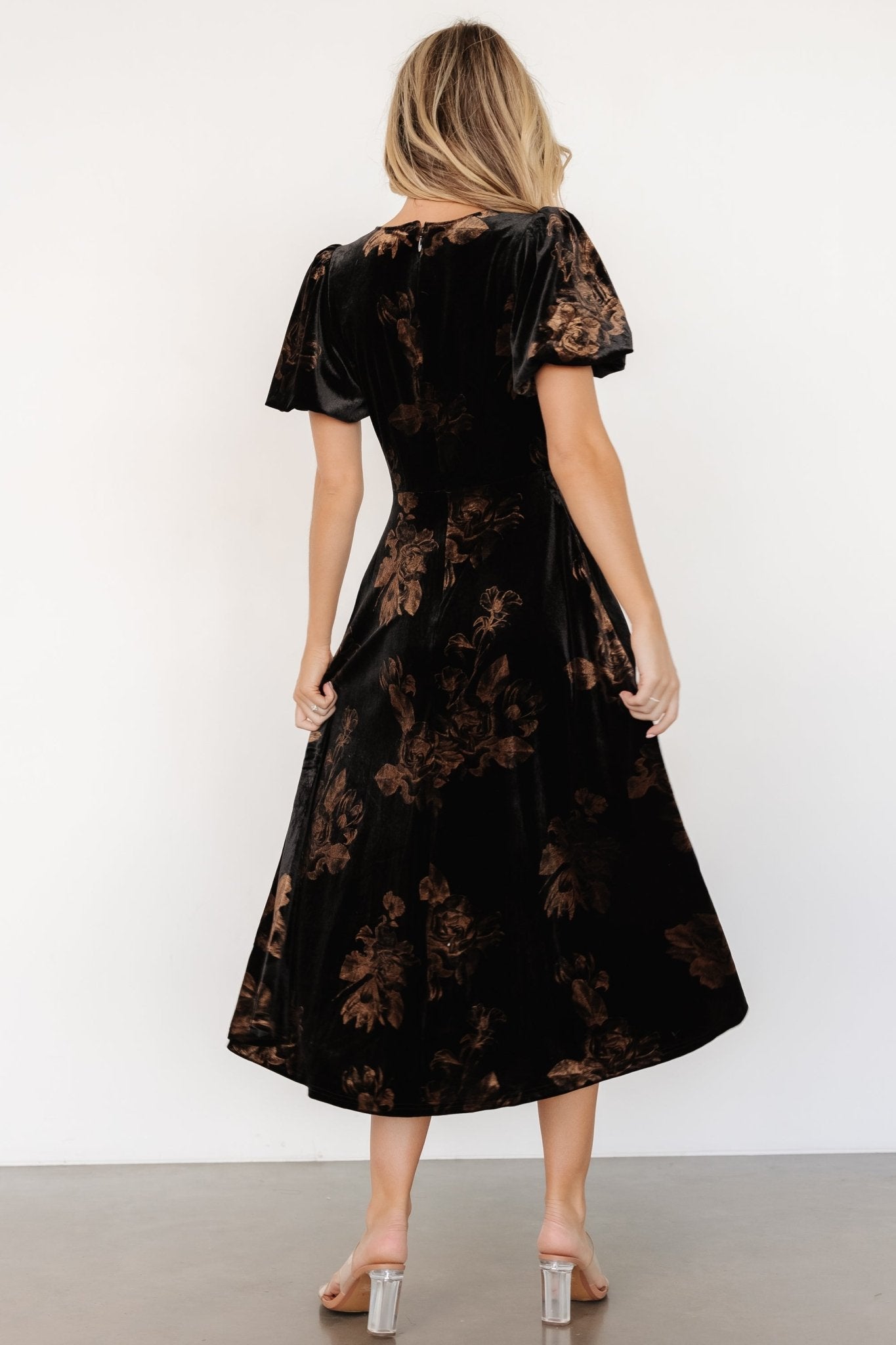 Janna Velvet Midi Dress | Black + Bronze Floral - Baltic Born