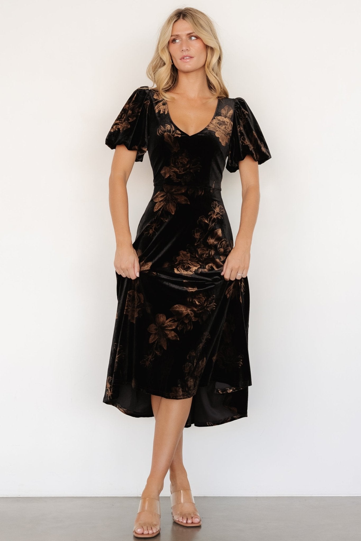 Baltic Born Womens Janna Velvet Midi Dress | Black + Bronze Floral