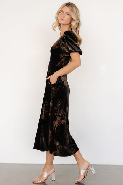 Janna Velvet Midi Dress | Black + Bronze Floral - Baltic Born