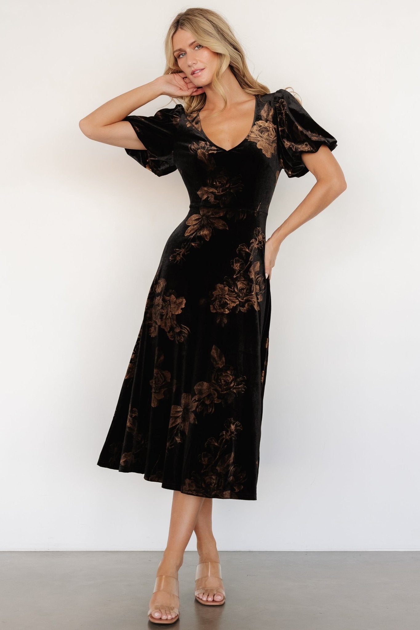 Janna Velvet Midi Dress | Black + Bronze Floral - Baltic Born