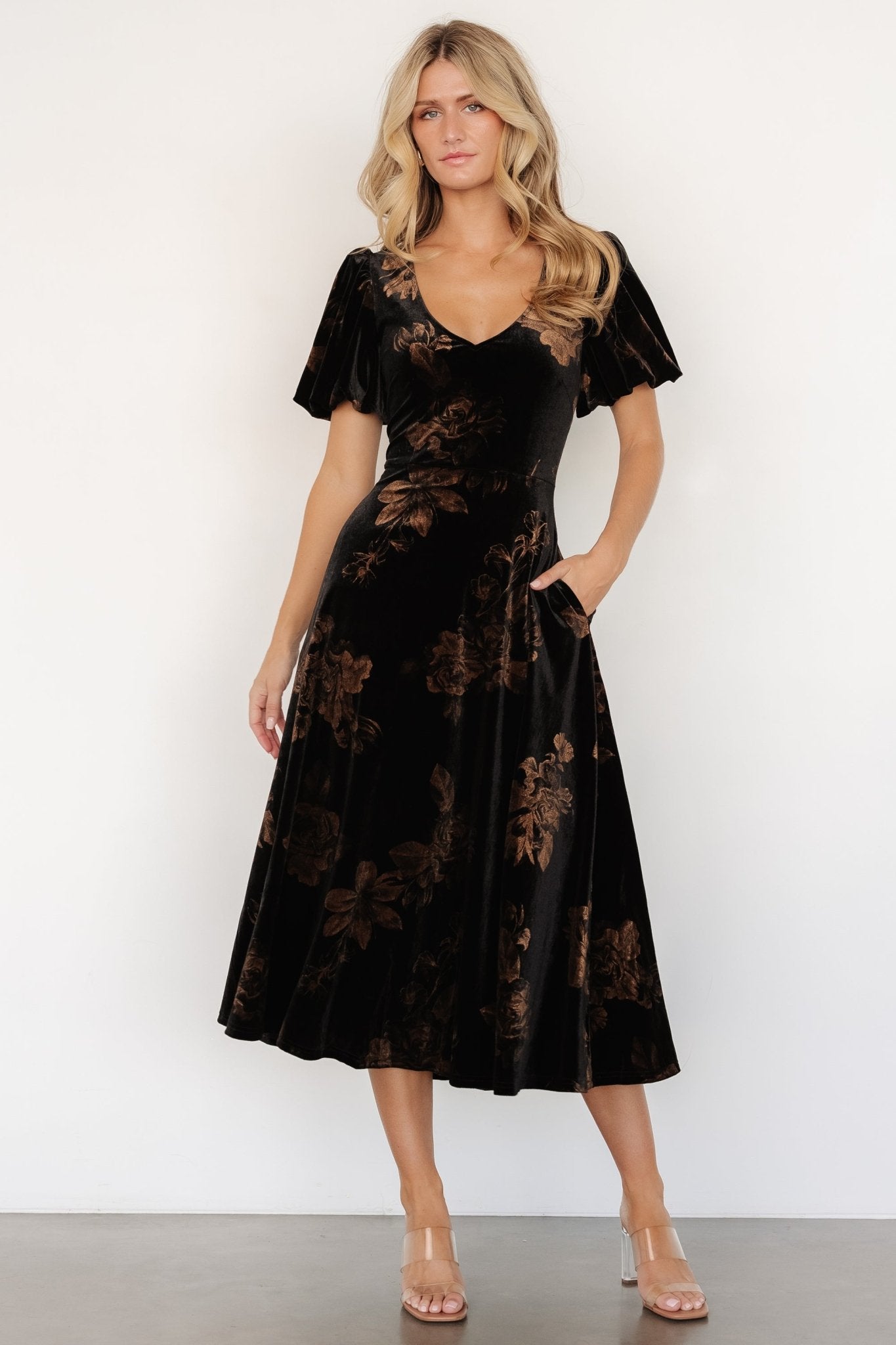 Baltic Born Womens Janna Velvet Midi Dress | Black + Bronze Floral