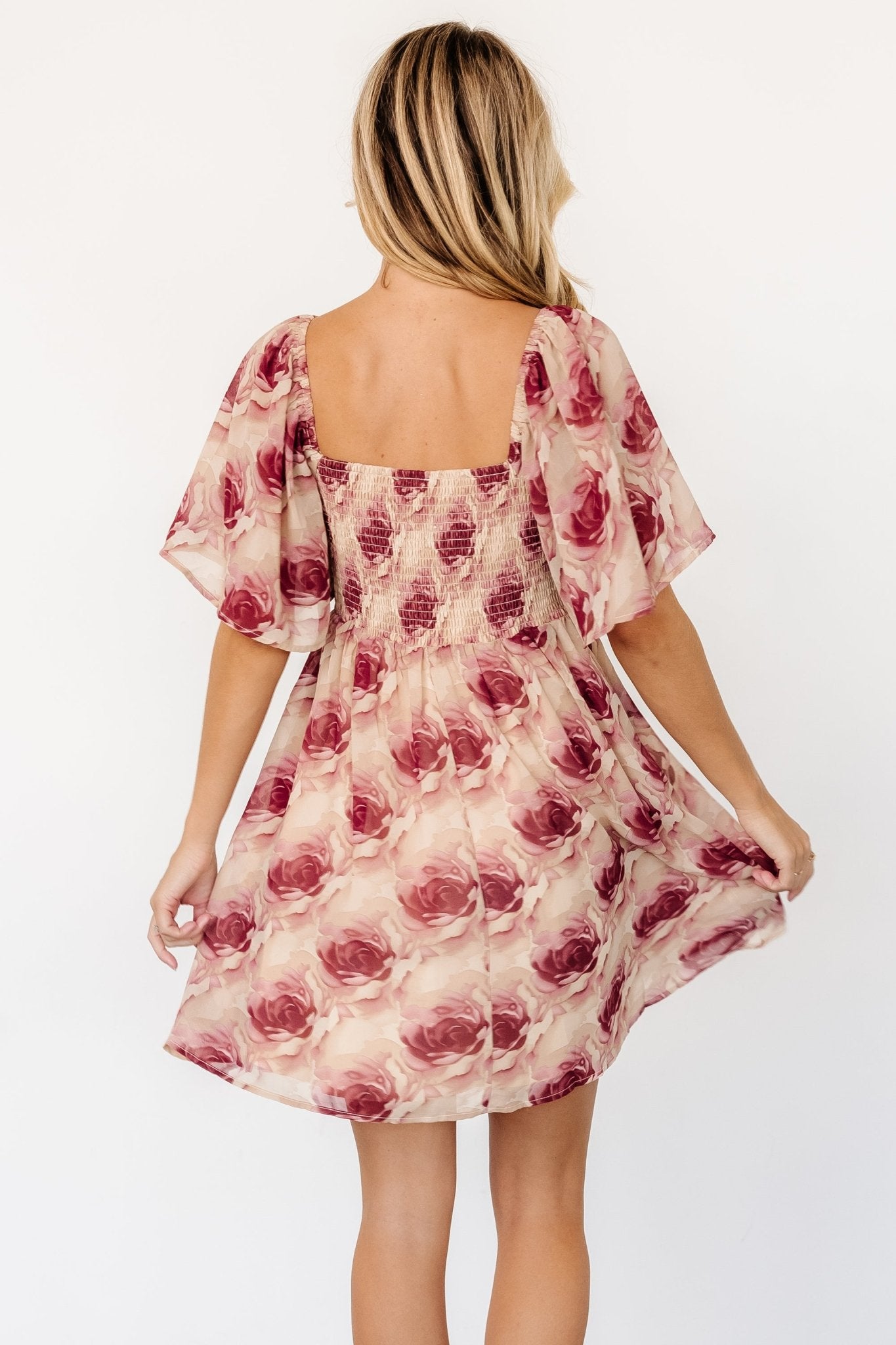 Jaycee Pleated Short Dress | Cream + Burgundy Floral - Baltic Born