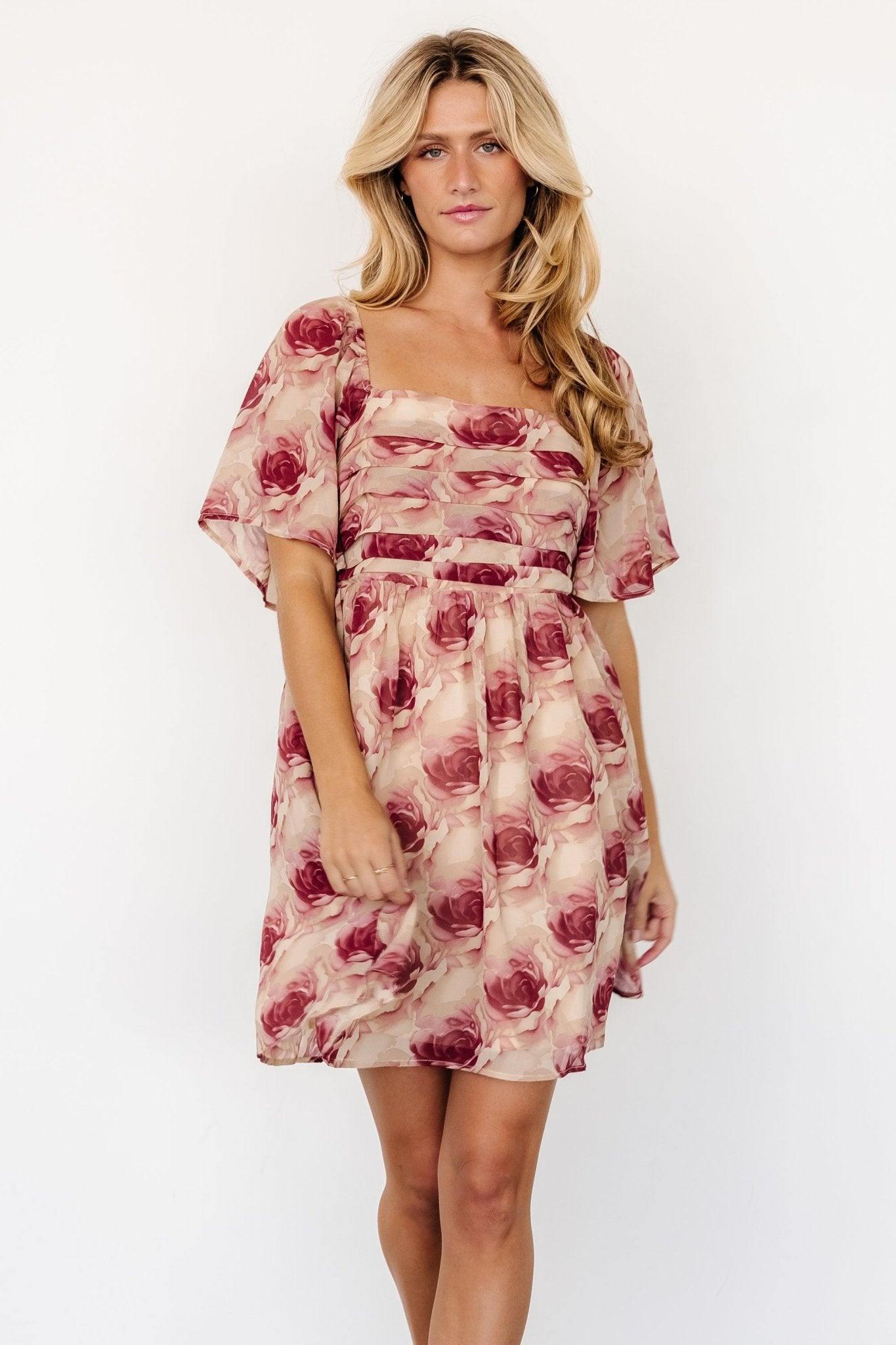 Jaycee Pleated Short Dress | Cream + Burgundy Floral - Baltic Born