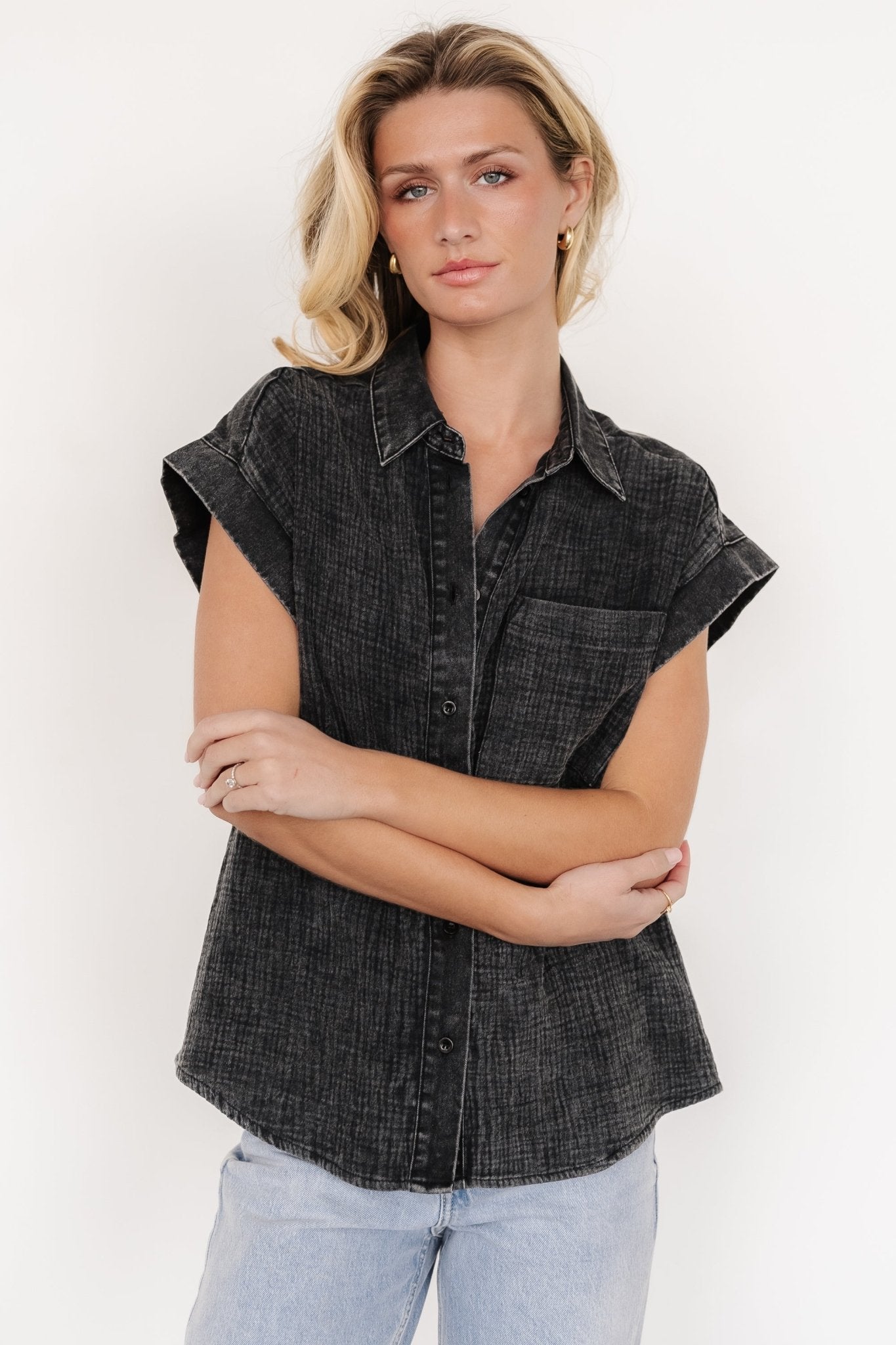 Jaye Button Top | Washed Black - Baltic Born