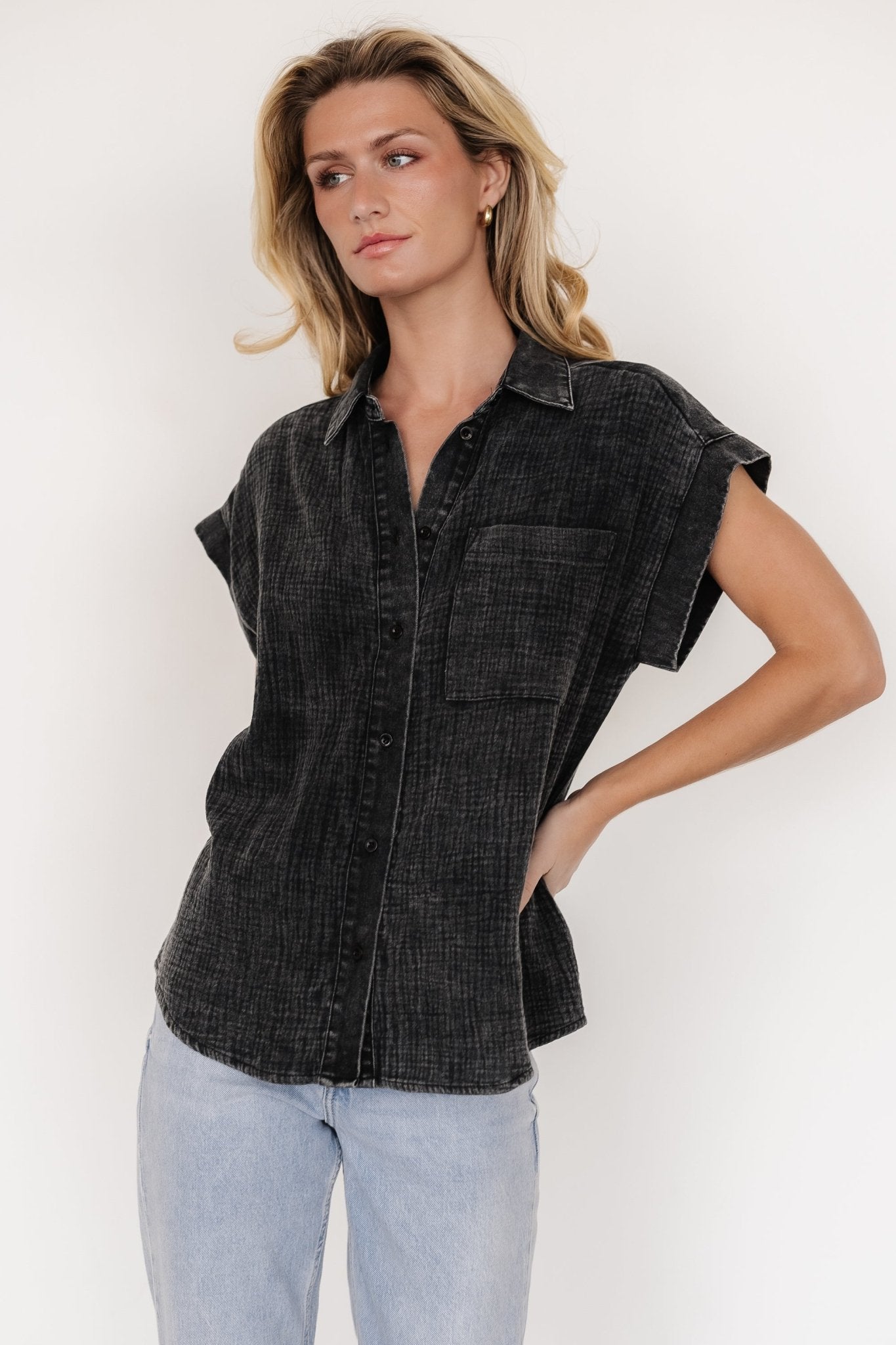 Jaye Button Top | Washed Black - Baltic Born