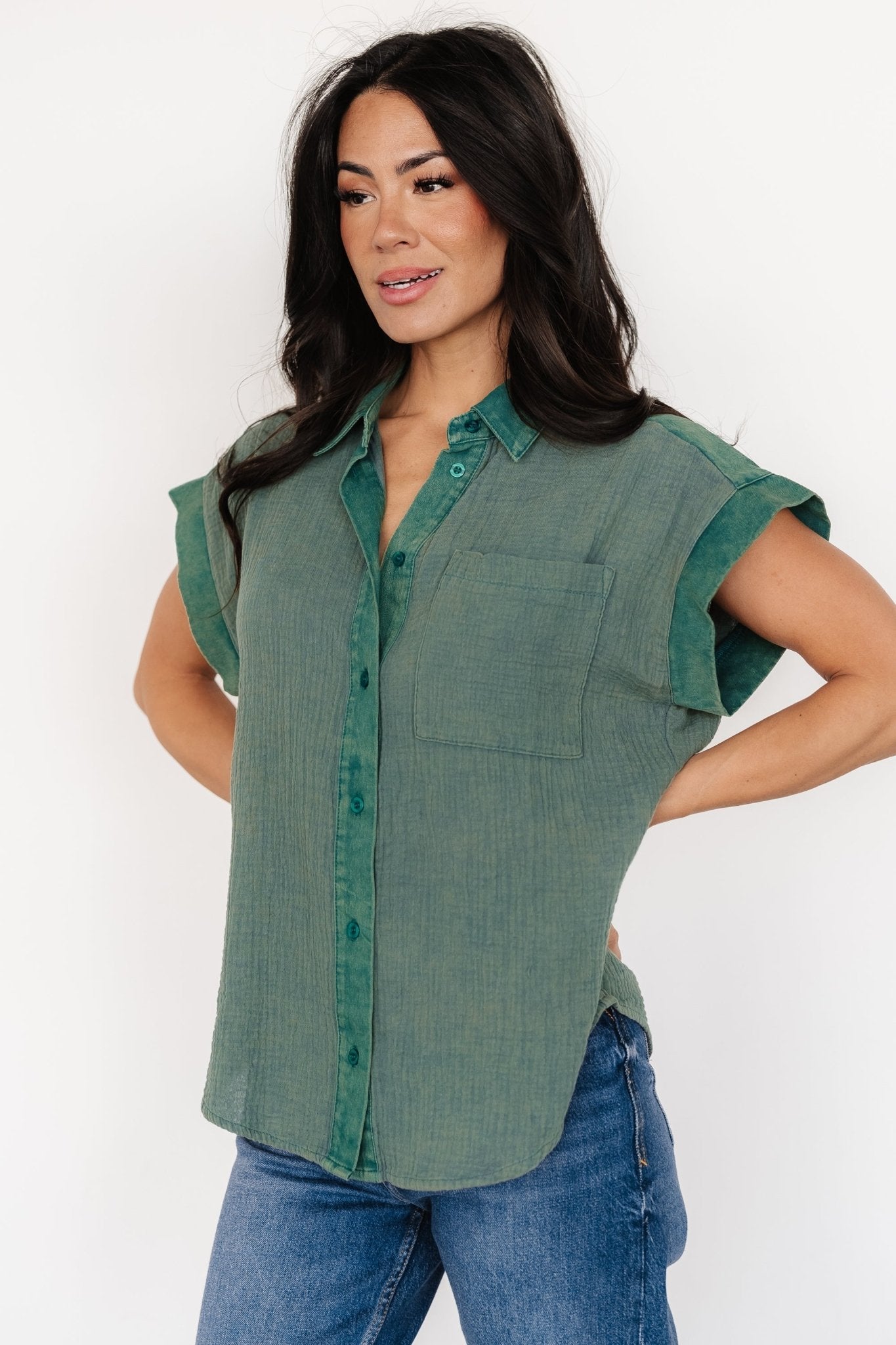 Jaye Button Top | Washed Green - Baltic Born