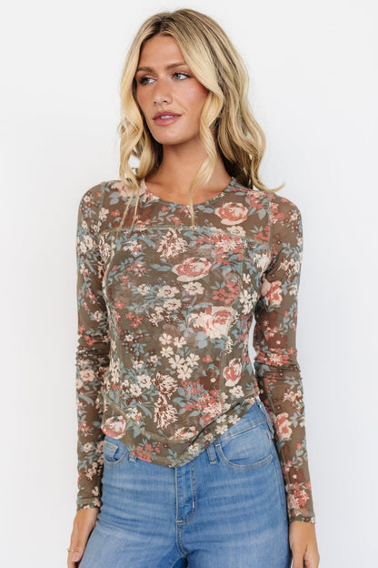 Jaynie Sheer Top | Olive Floral - Baltic Born