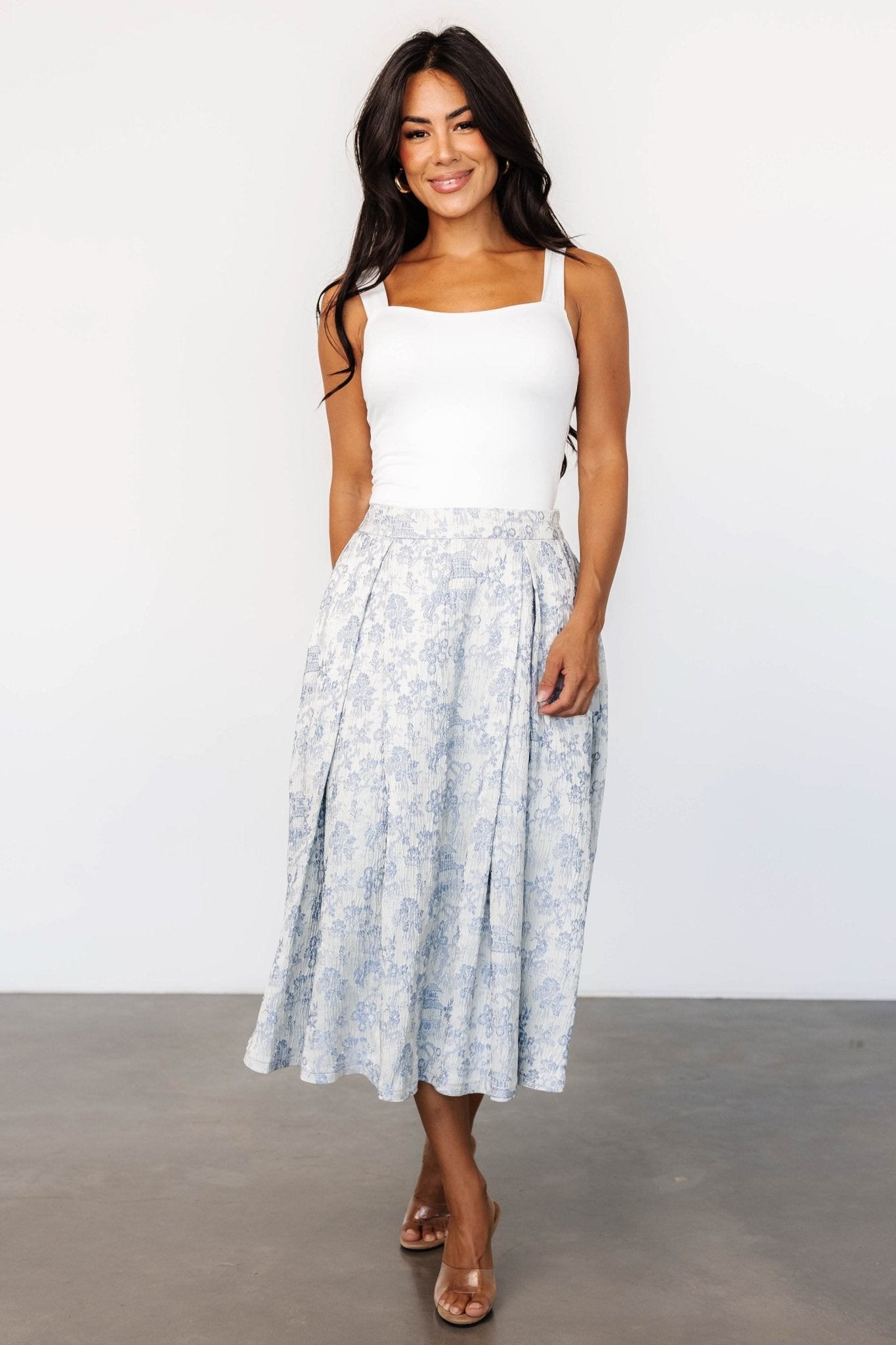 Jeanne Pleated Midi Skirt | Pearl + Light Blue - Baltic Born