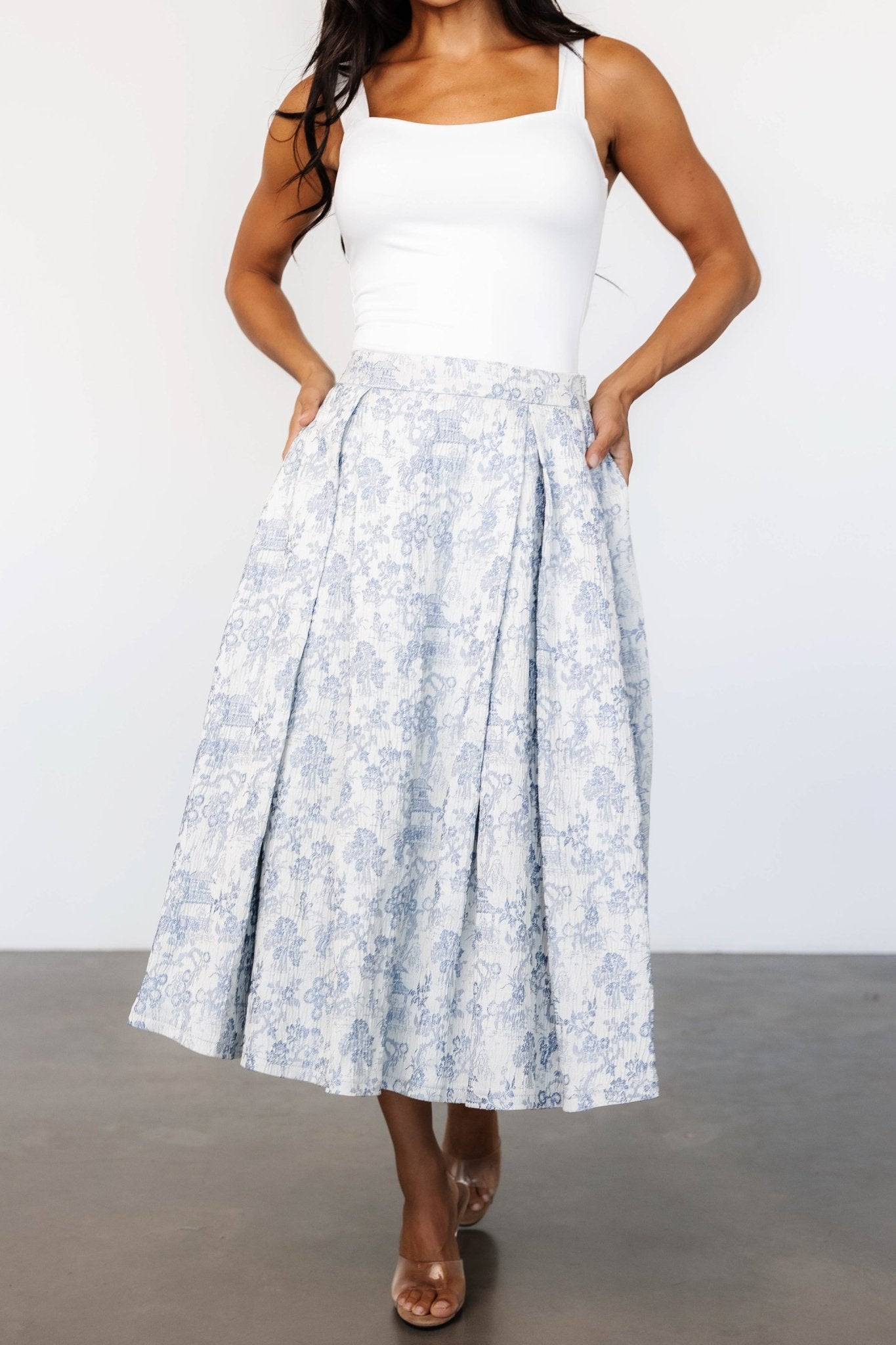 Jeanne Pleated Midi Skirt | Pearl + Light Blue - Baltic Born