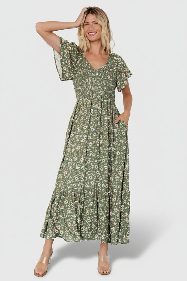 Joanie Smocked Midi Dress, Green Floral | Baltic Born