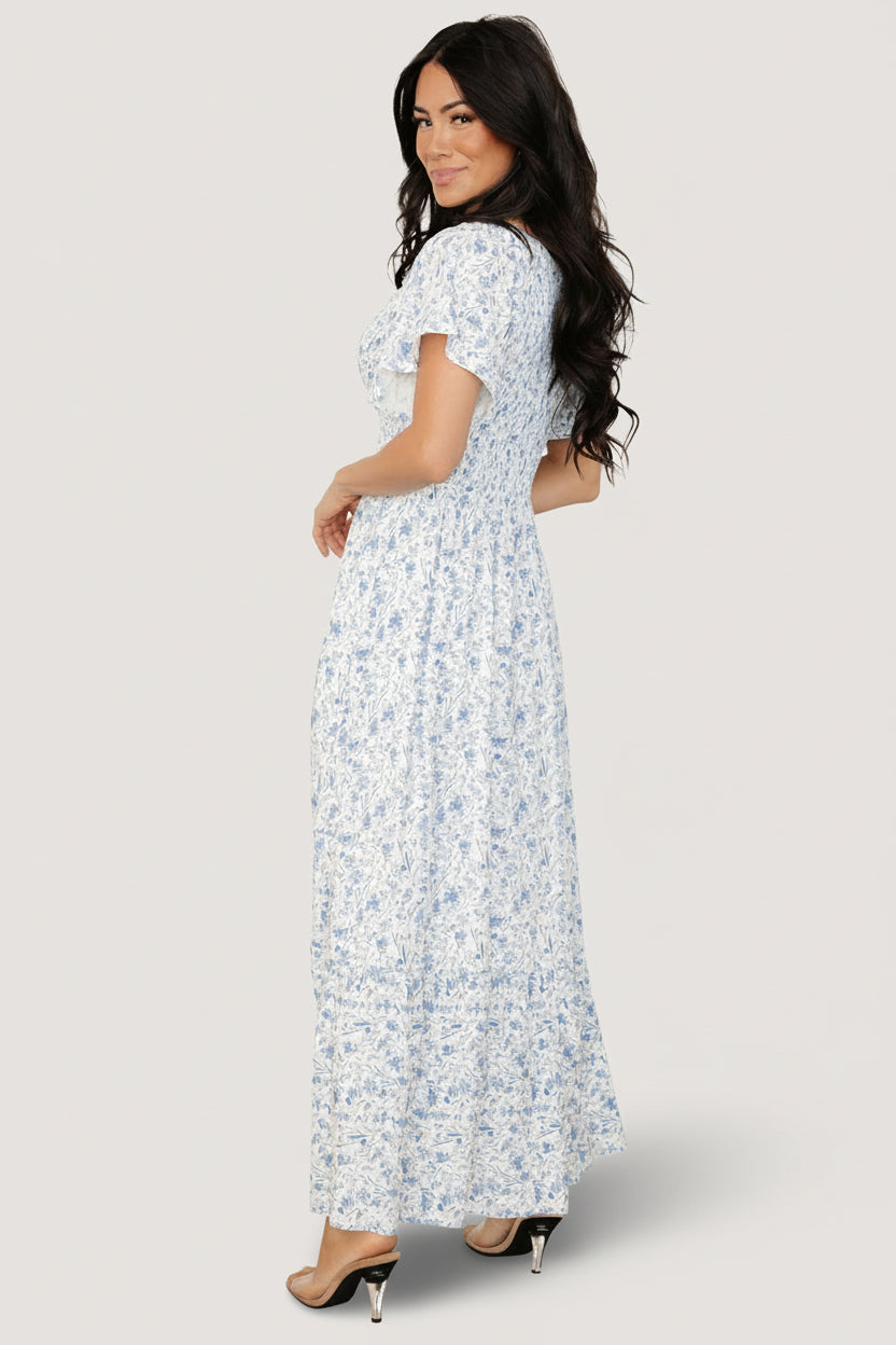 Baltic Born Womens Joanie Smocked Dress | White + Blue Floral