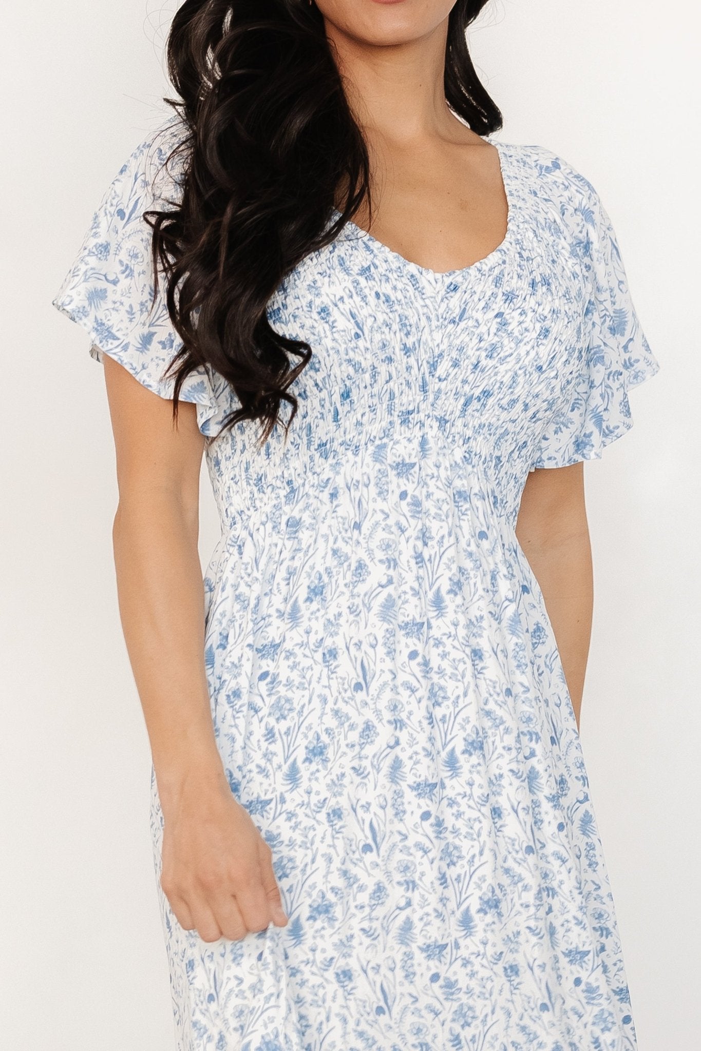 Baltic Born Womens Joanie Smocked Dress | White + Blue Floral