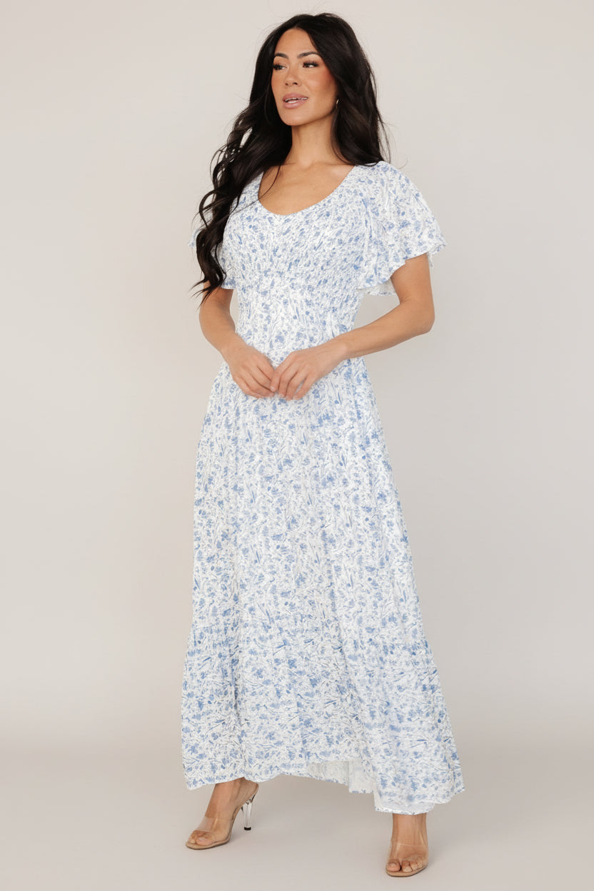Baltic Born Womens Joanie Smocked Dress | White + Blue Floral