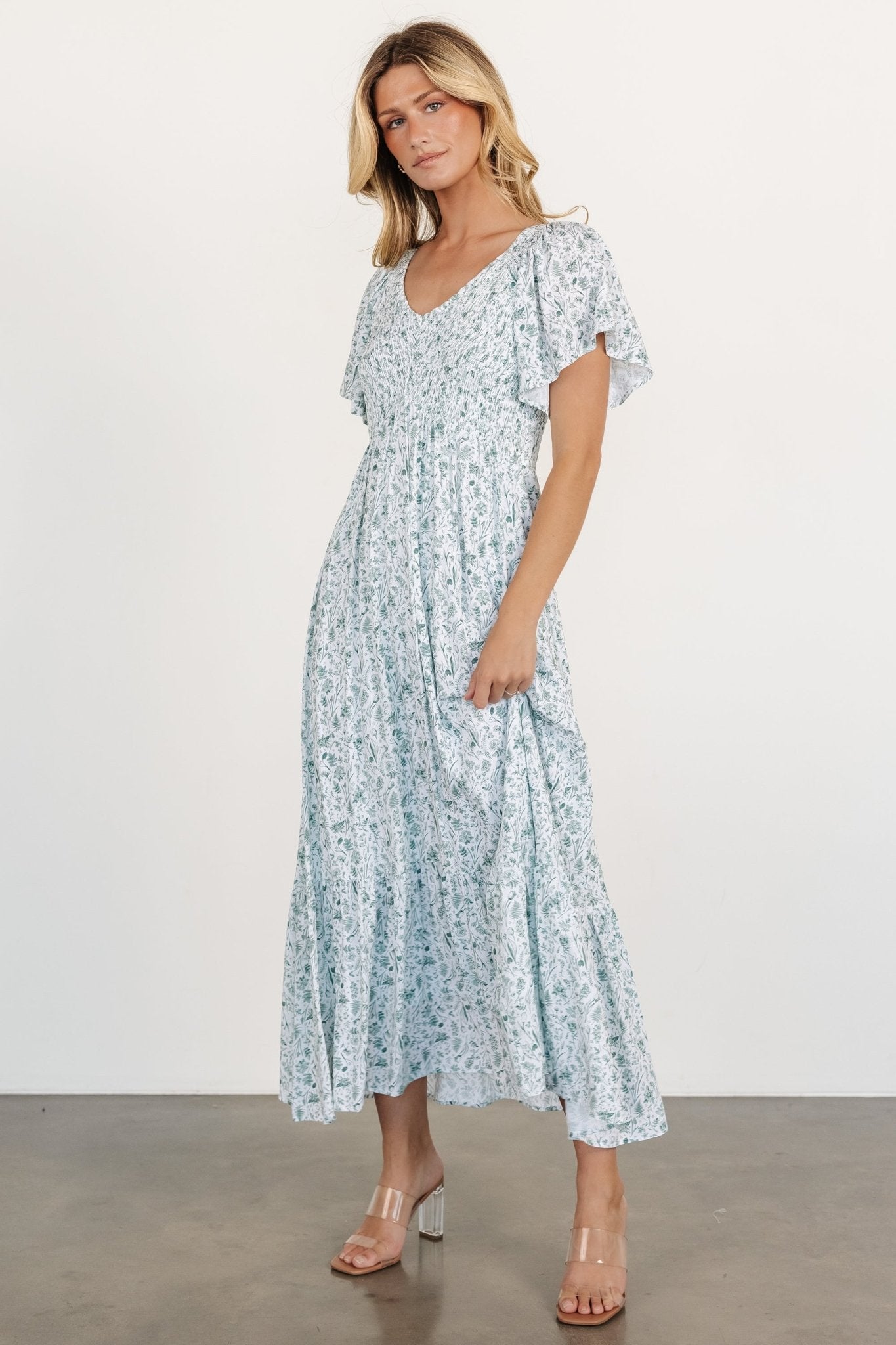 Baltic Born Womens Joanie Smocked Dress | White + Sage | Size: Large Baltic Born Womens Joanie Smocked Dress | White + Sage | Size: Large