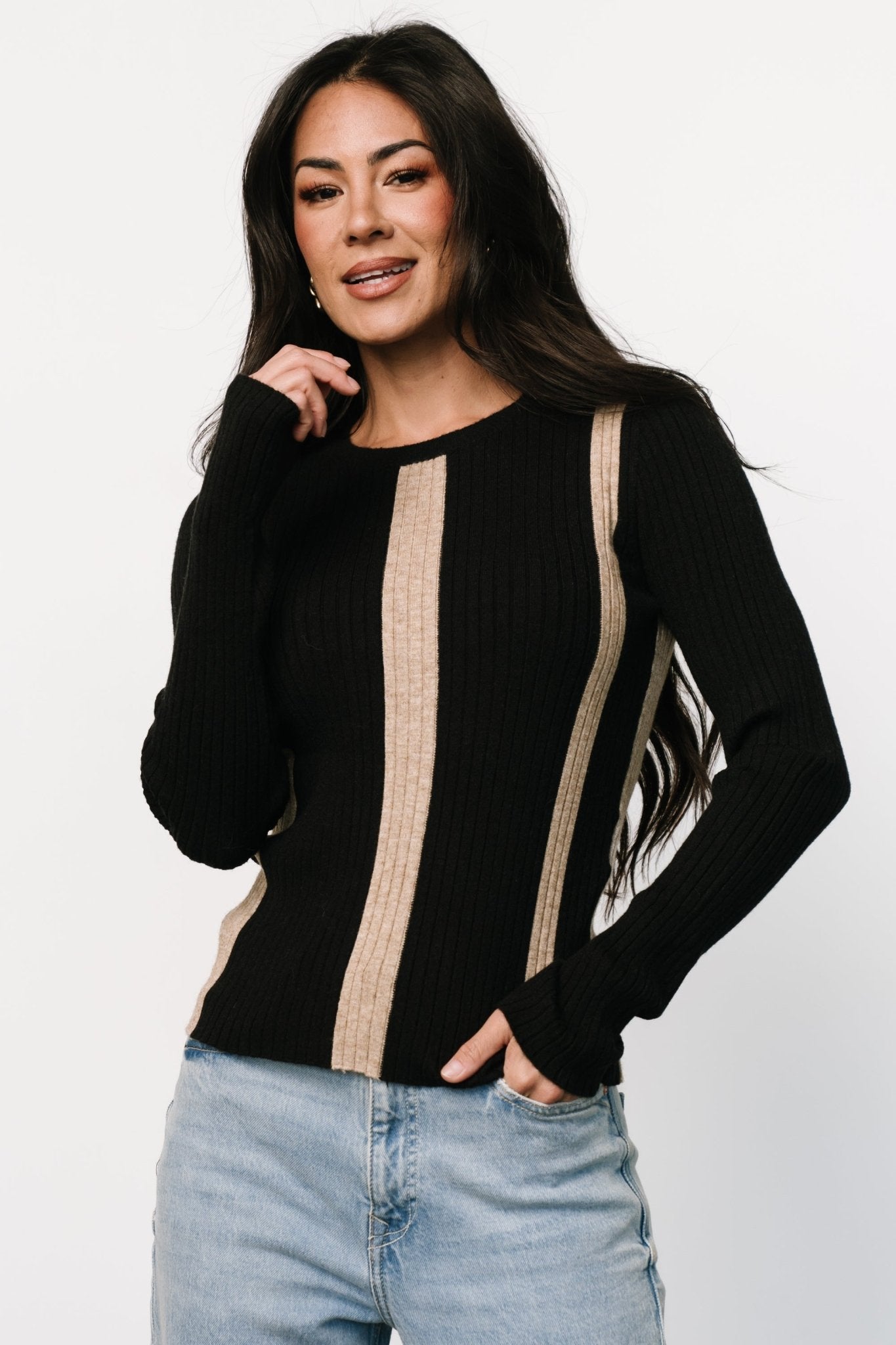 Jolene Ribbed Sweater Top | Black + Tan Stripe - Baltic Born