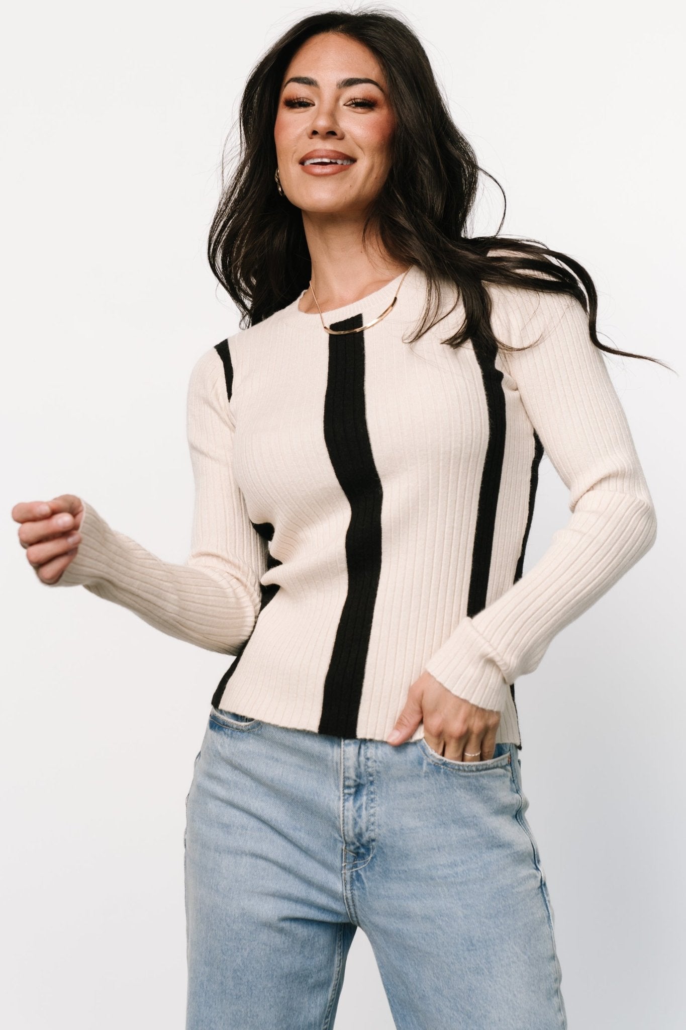 Jolene Ribbed Sweater Top | Natural + Black Stripe - Baltic Born