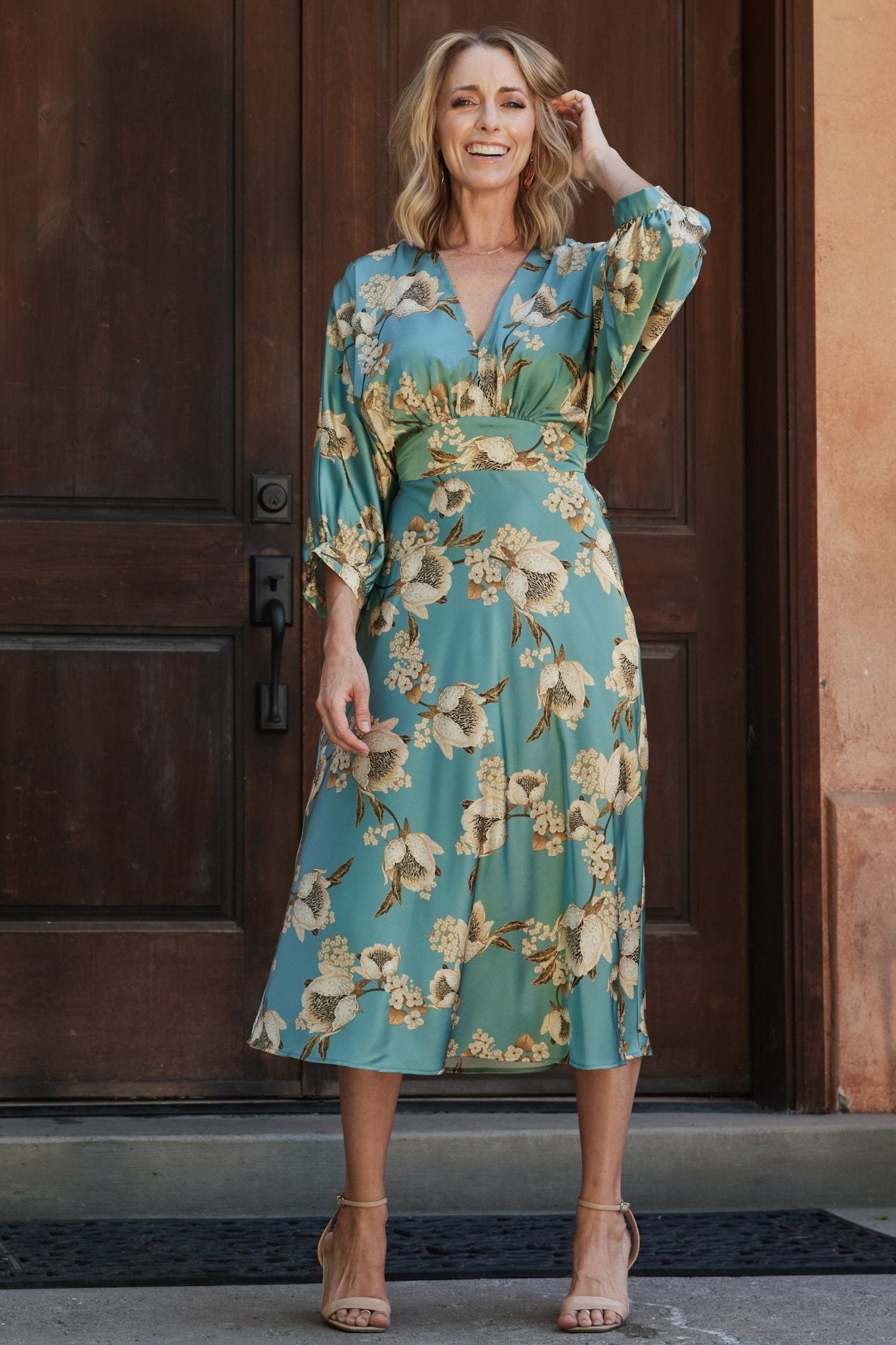 Baltic Born Womens Joni Satin Midi Dress | Blue Multi
