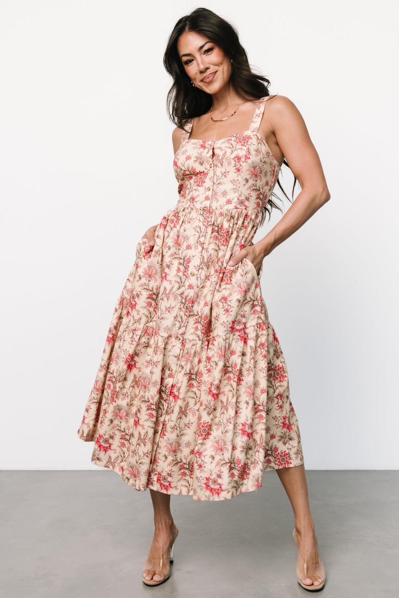 Jules Button Midi Dress Cream Pink