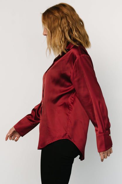 Kacey Satin Button Up Top | Burgundy - Baltic Born