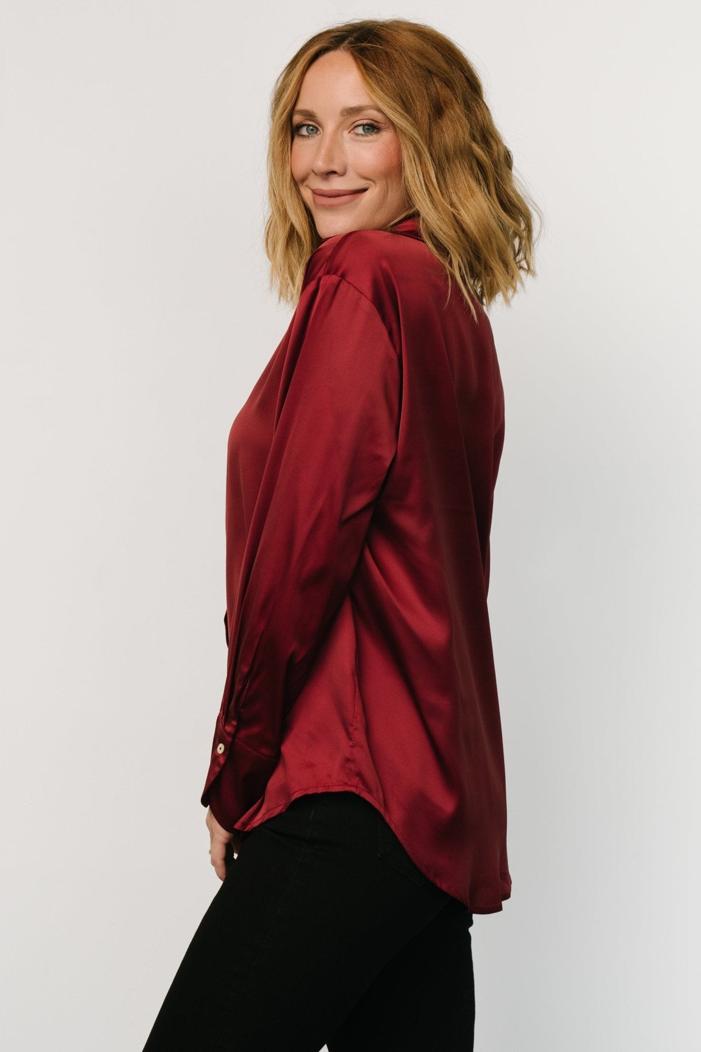 Kacey Satin Button Up Top | Burgundy - Baltic Born