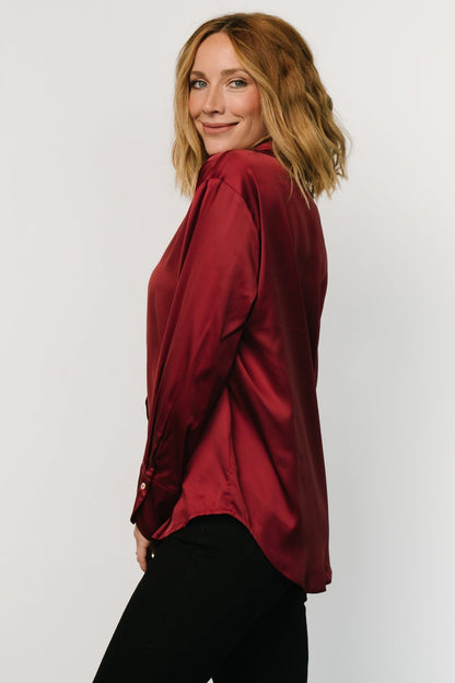 Kacey Satin Button Up Top | Burgundy - Baltic Born