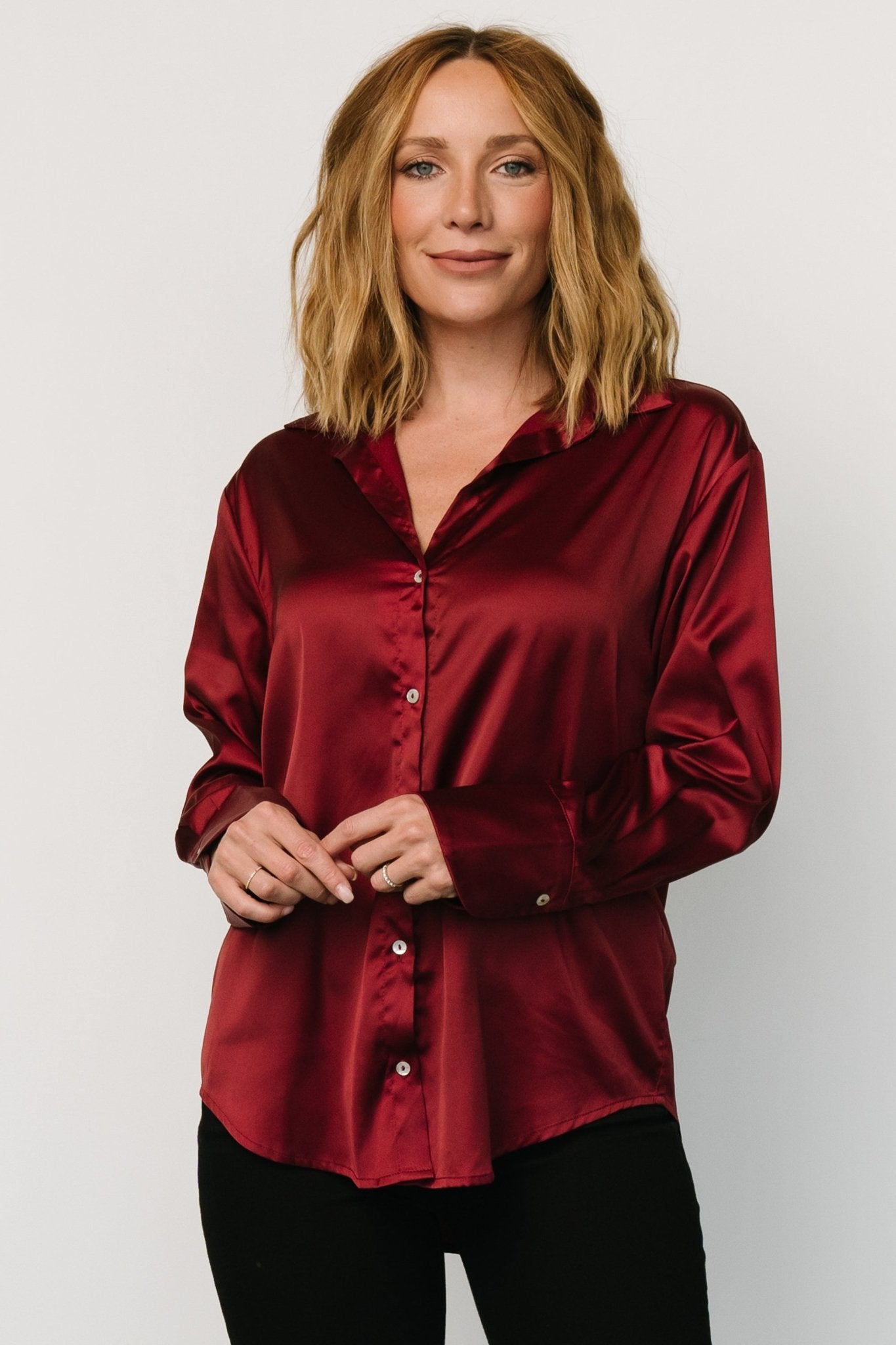 Kacey Satin Button Up Top | Burgundy - Baltic Born