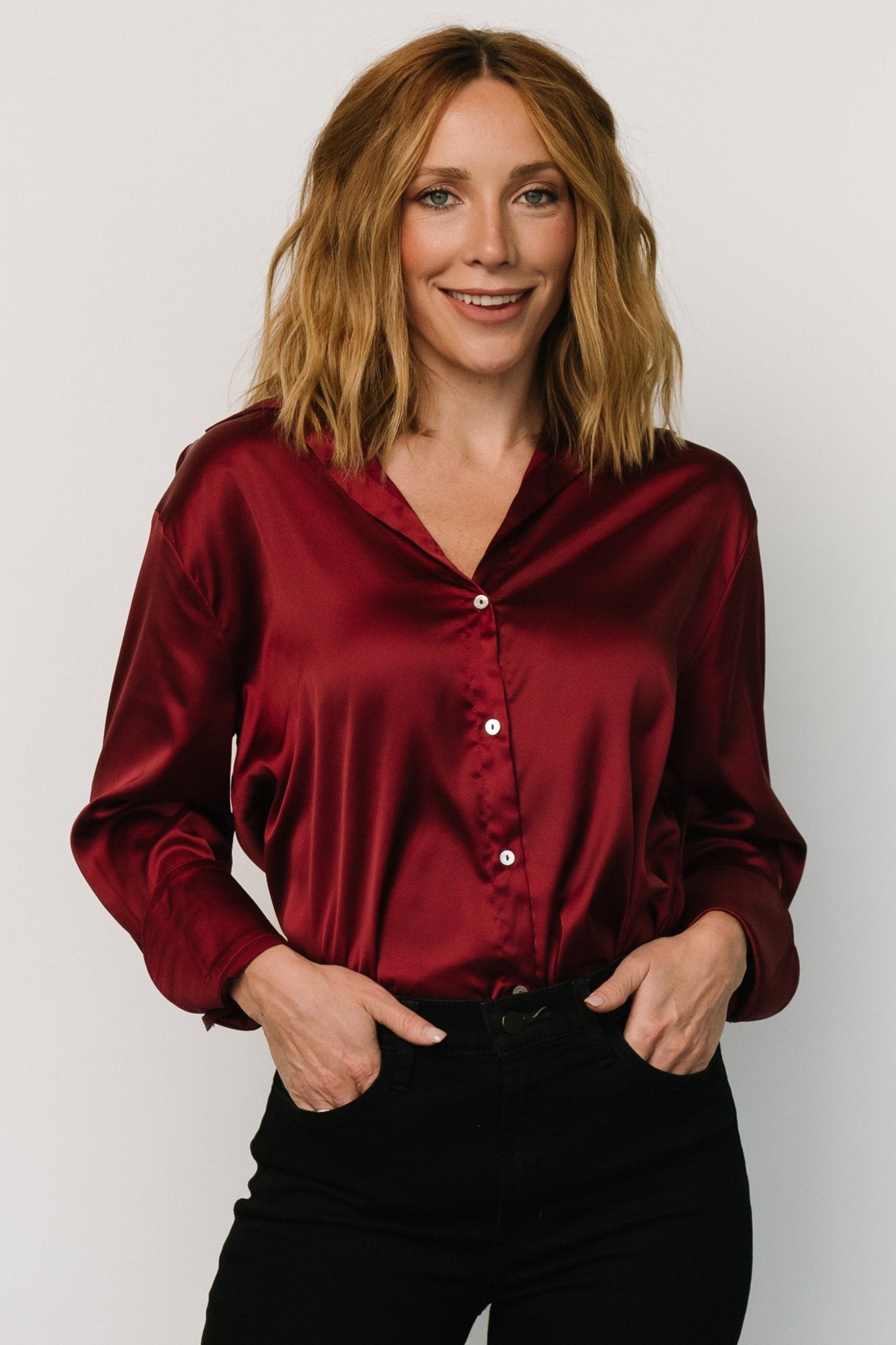 Kacey Satin Button Up Top | Burgundy - Baltic Born