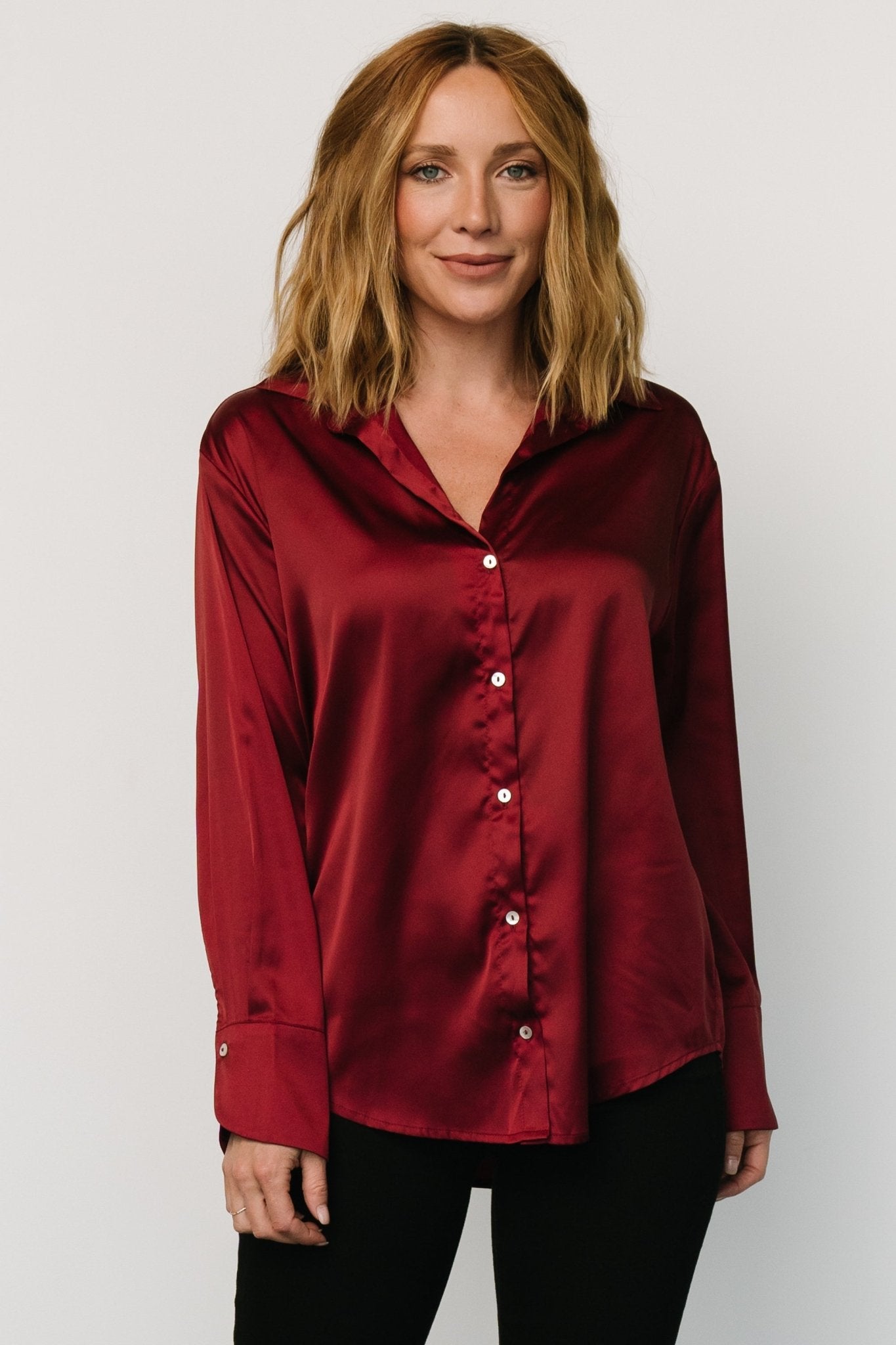 Kacey Satin Button Up Top | Burgundy - Baltic Born