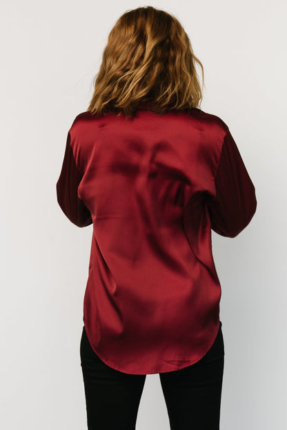 Kacey Satin Button Up Top | Burgundy - Baltic Born