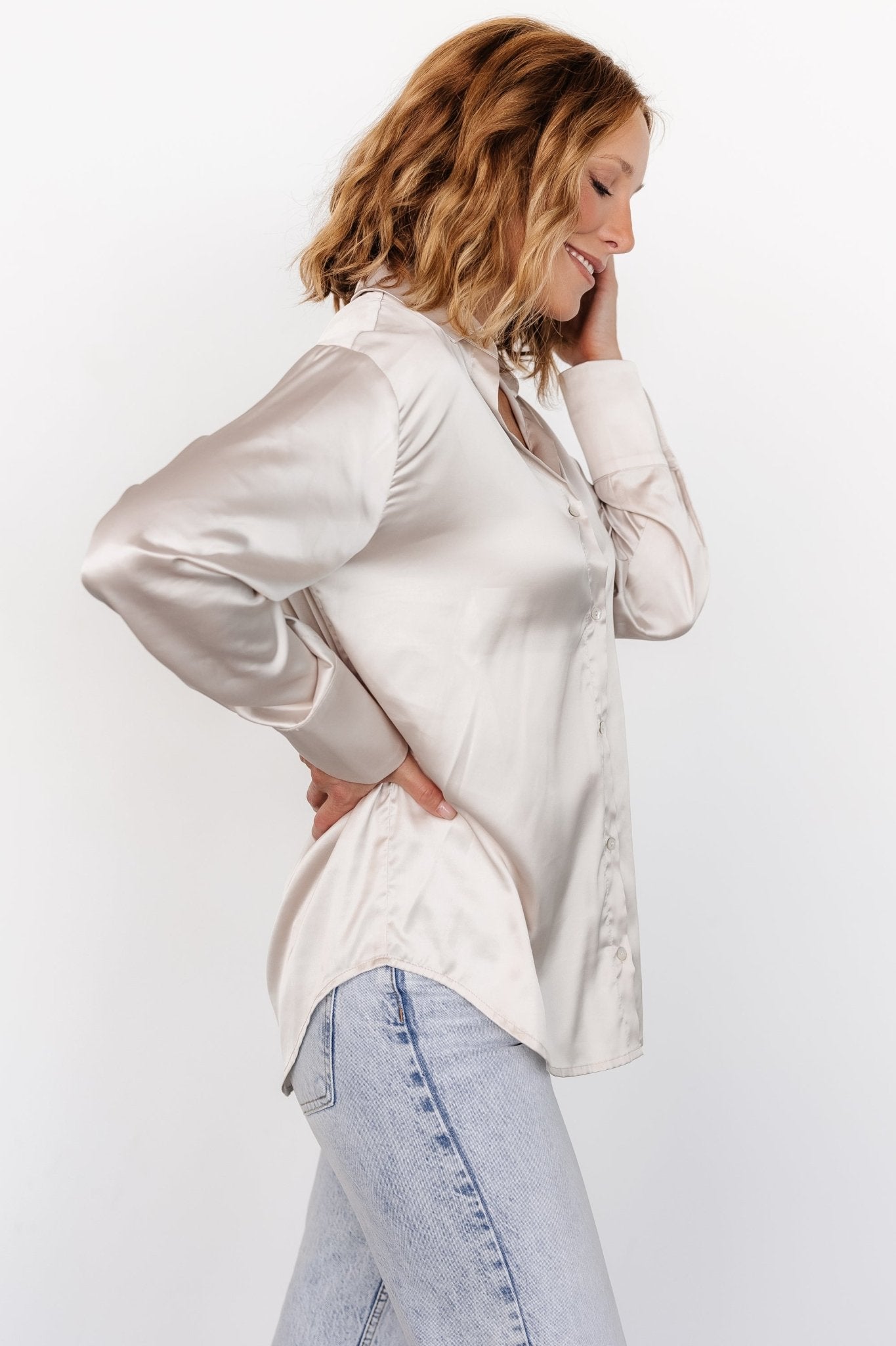 Kacey Satin Button Up Top | Champagne - Baltic Born